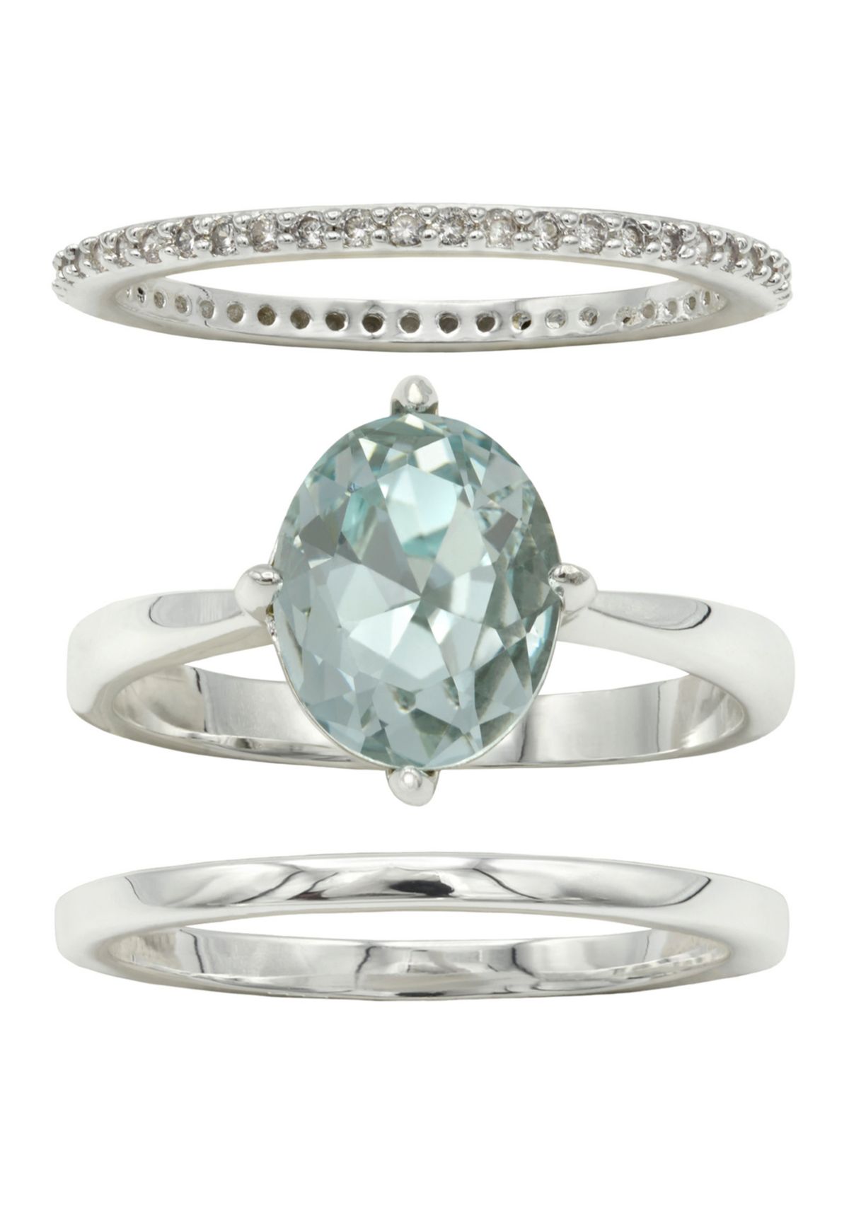 Silver Tone Round Trio Crystal Pave Band Ring Set
