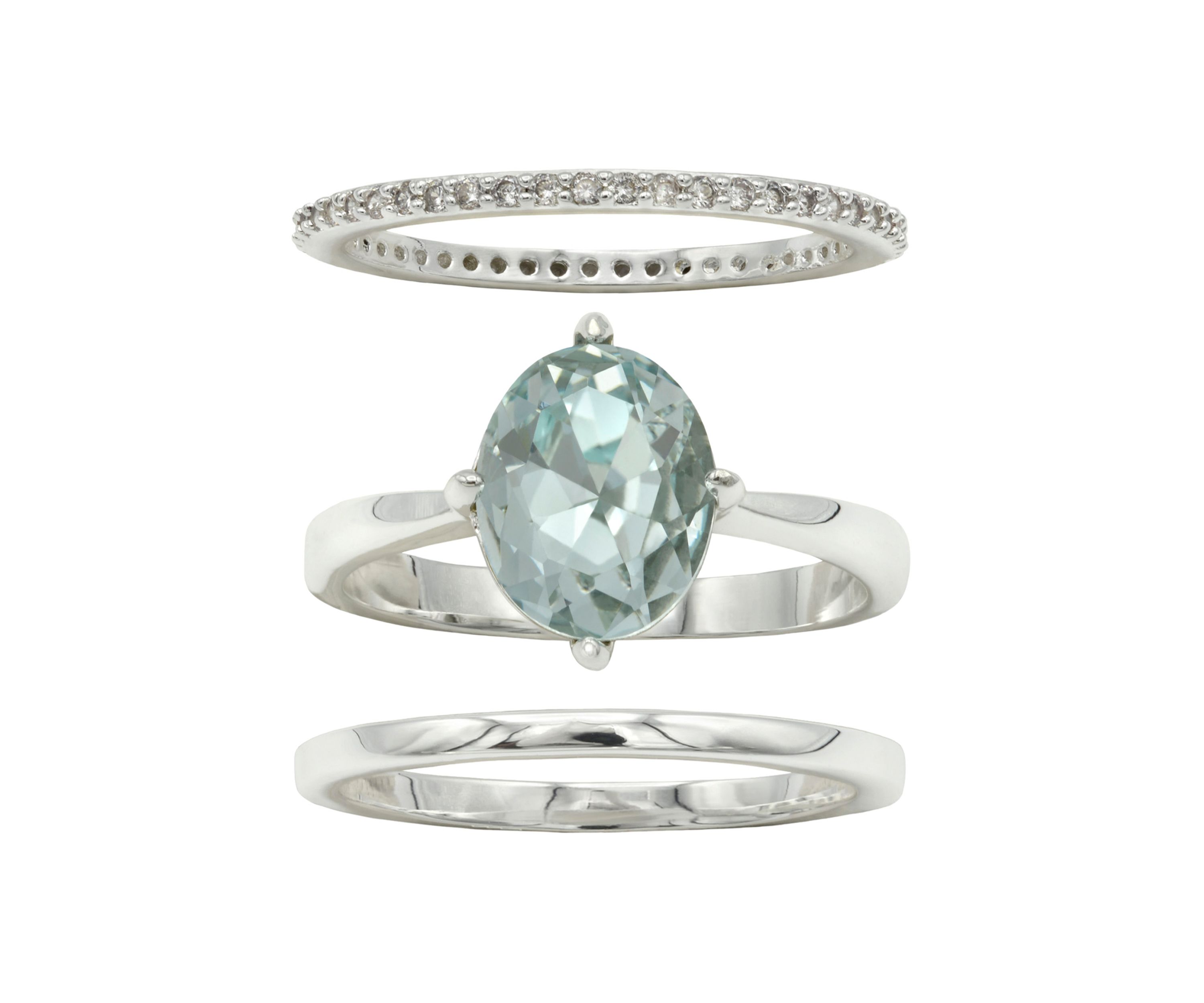 Silver Tone Round Trio Crystal Pave Band Ring Set