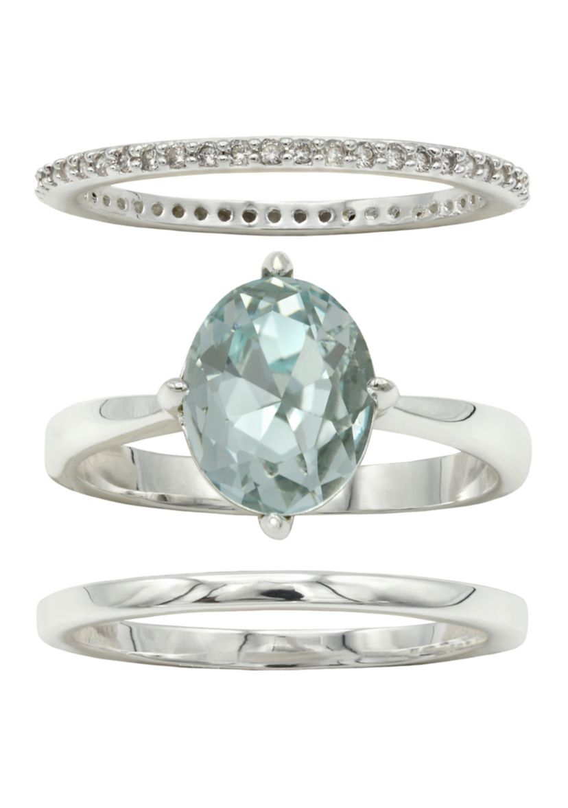 Silver Tone Round Trio Crystal Pave Band Ring Set