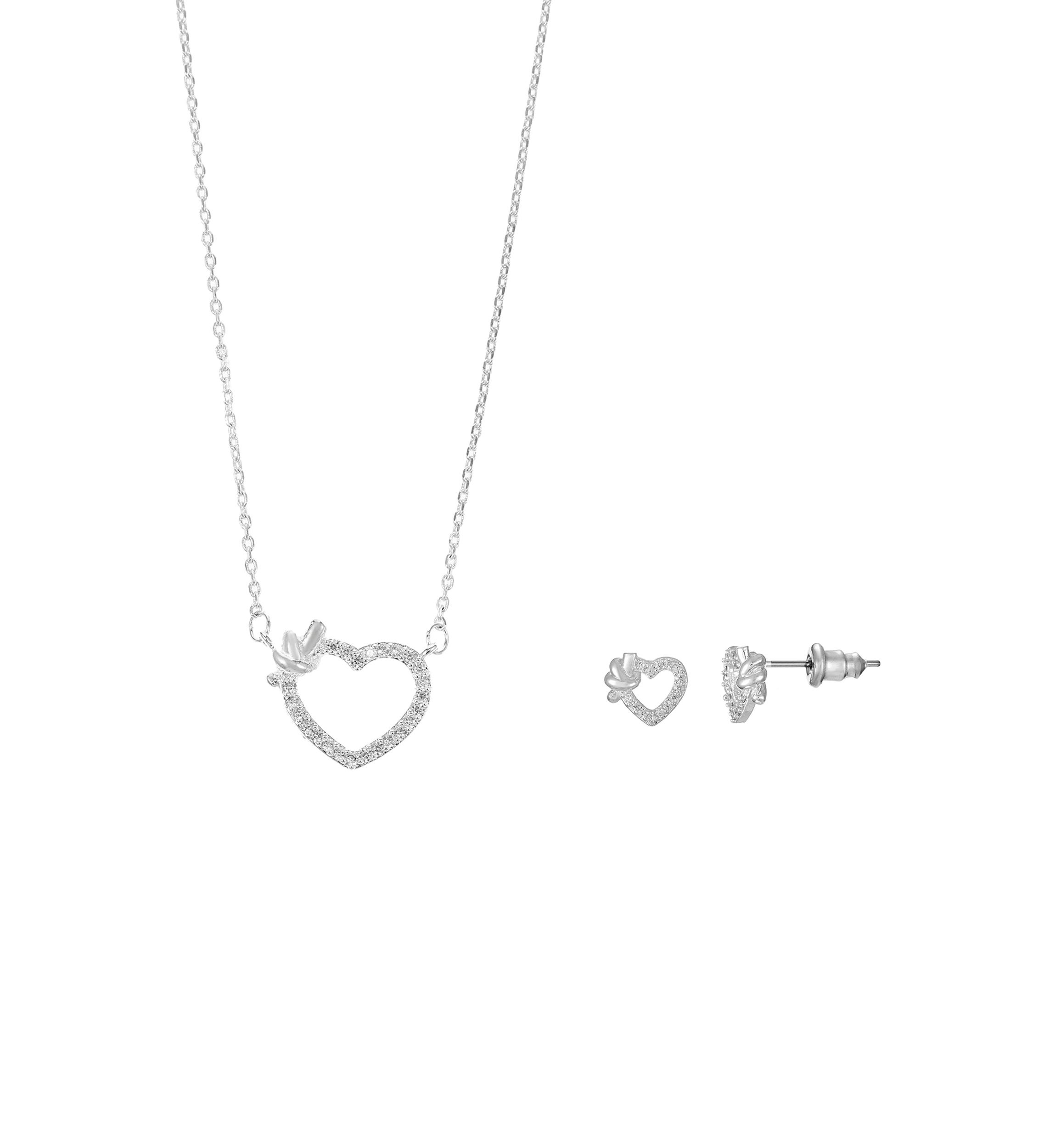 Lab Grown Silver Tone Clear CZ Open Pave Heart Necklace and Earring Set