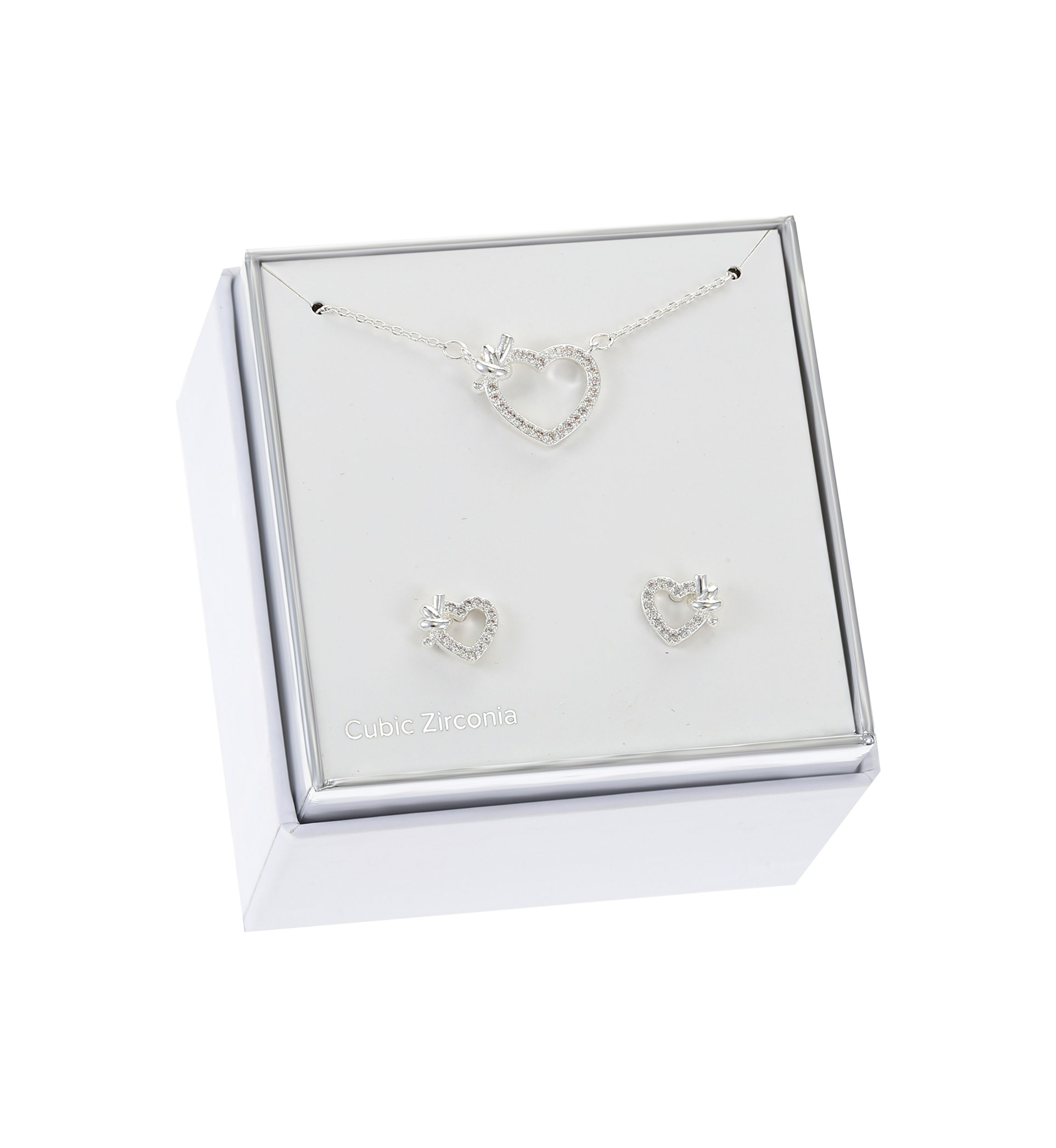 Lab Grown Silver Tone Clear CZ Open Pave Heart Necklace and Earring Set