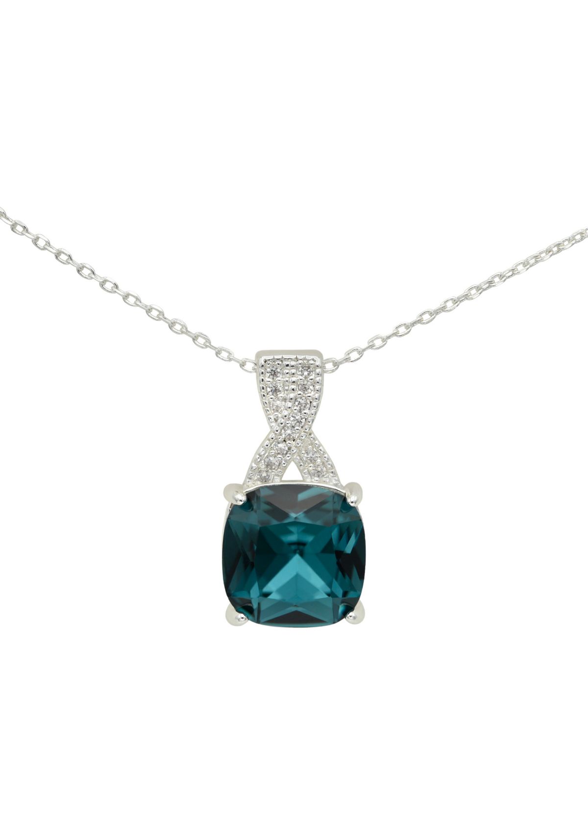Lab Grown Silver Tone Denim Blue Crystal and Pavé Cubic Zirconia Pendant Necklace