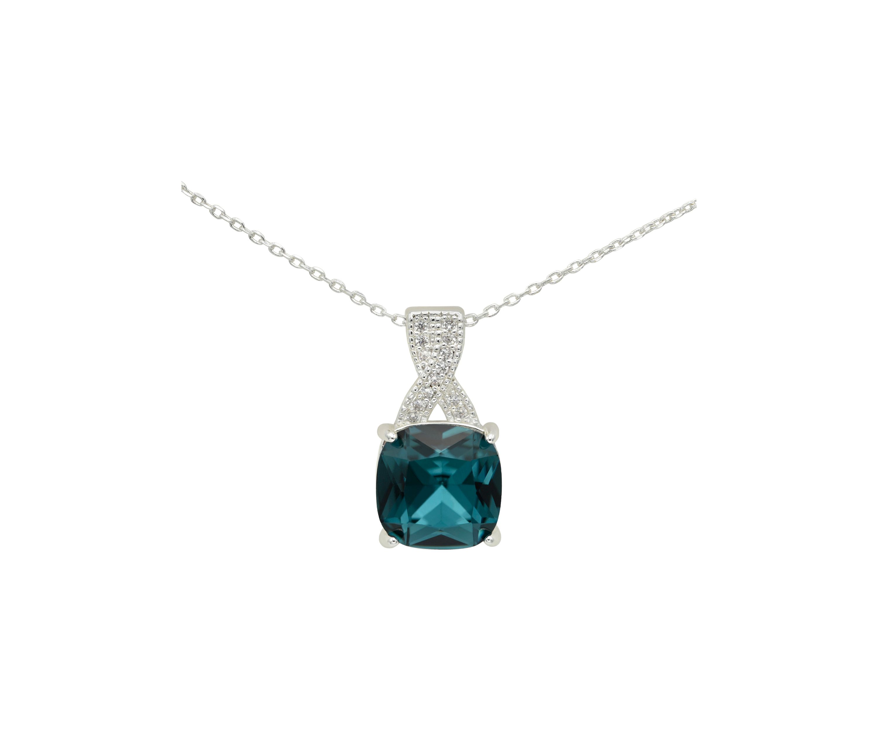 Lab Grown Silver Tone Denim Blue Crystal and Pavé Cubic Zirconia Pendant Necklace