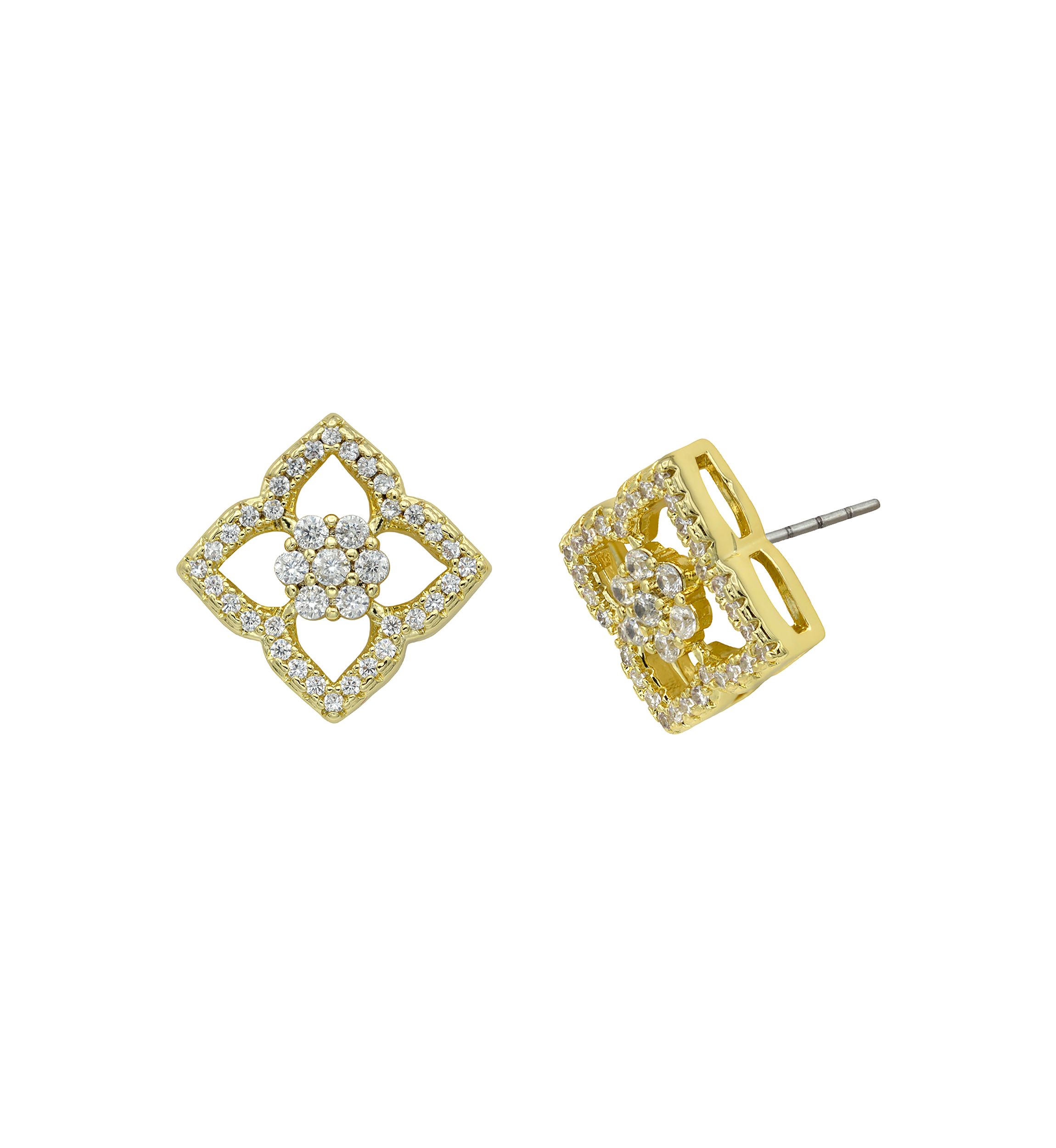 Lab Grown Gold Tone Round Cubic Zirconia and Open Scallop Stud Earrings