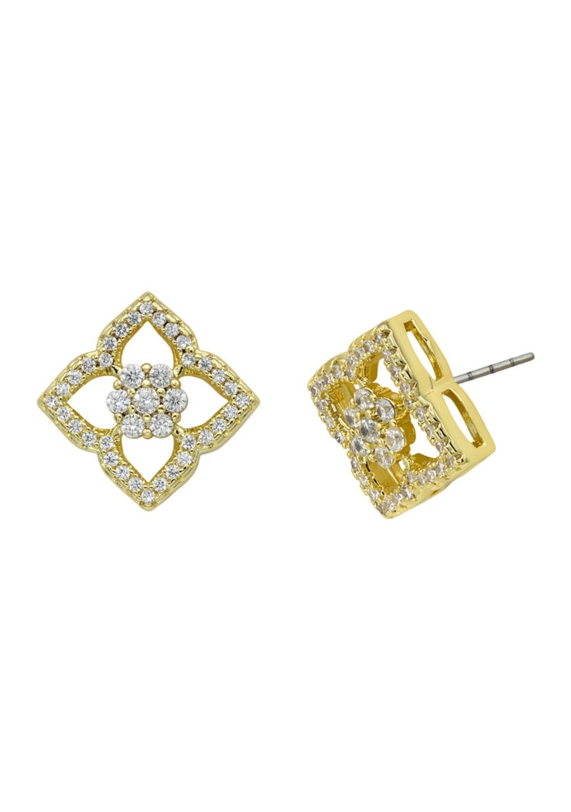 Lab Grown Gold Tone Round Cubic Zirconia and Open Scallop Stud Earrings