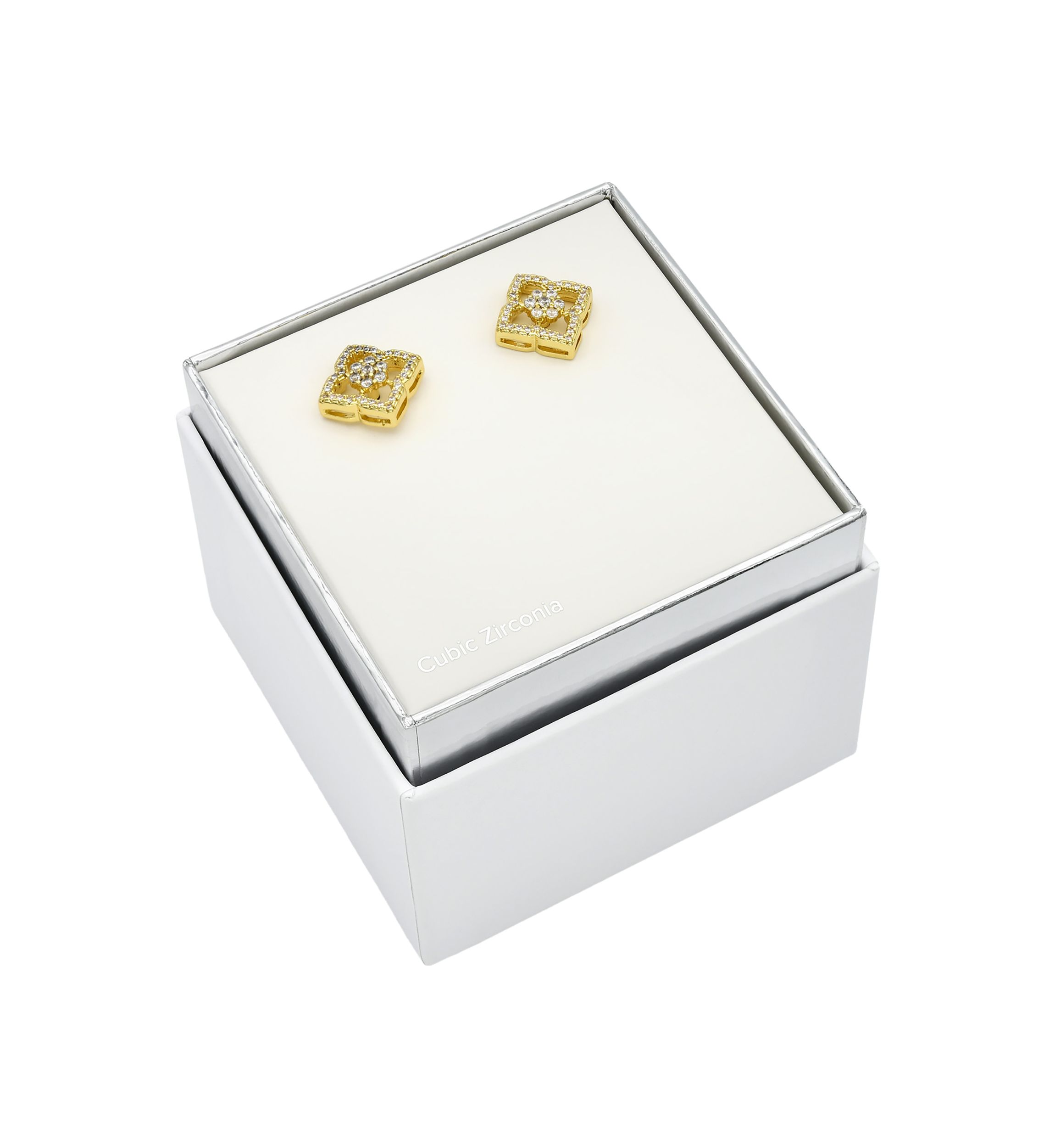 Lab Grown Gold Tone Round Cubic Zirconia and Open Scallop Stud Earrings