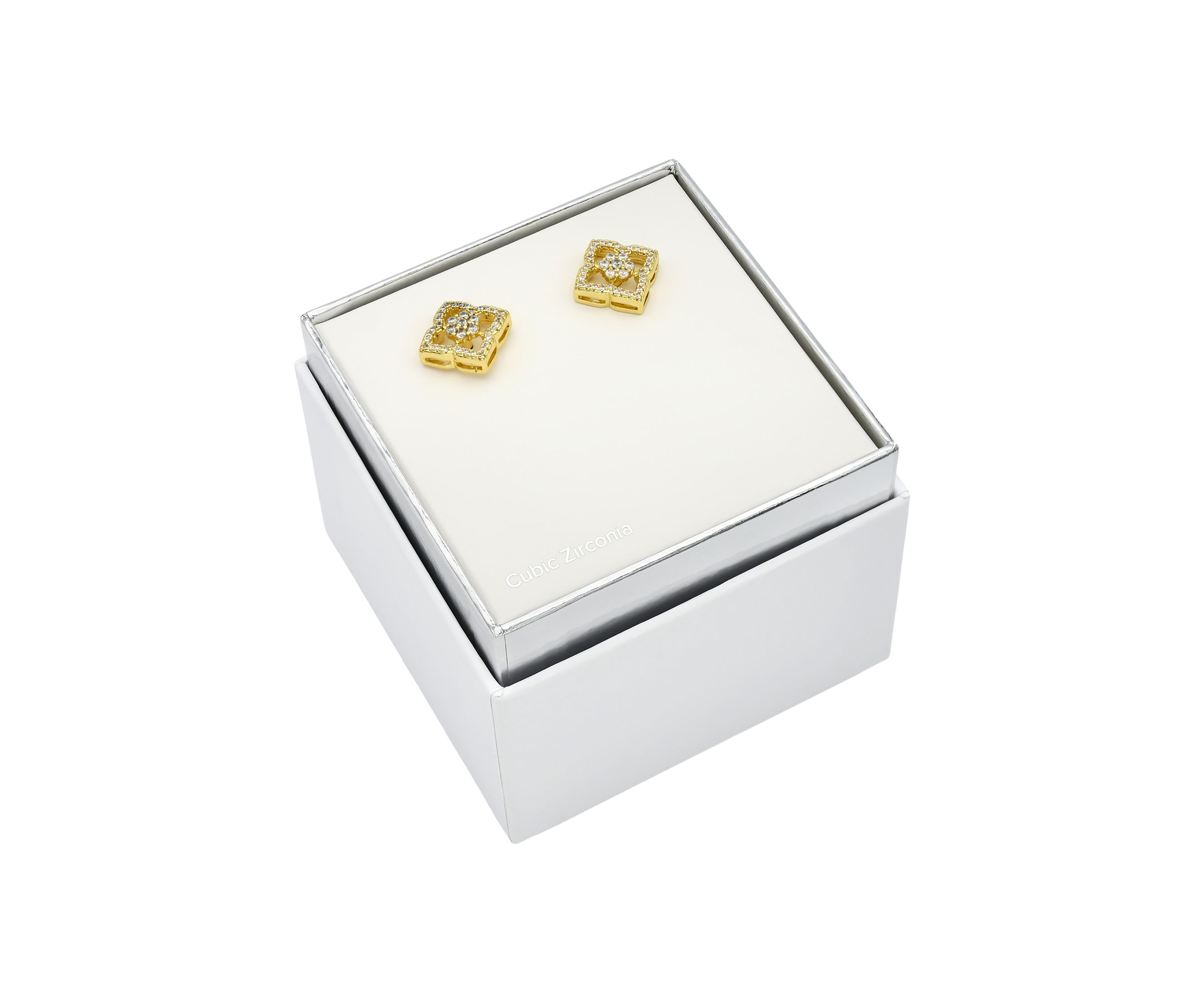 Lab Grown Gold Tone Round Cubic Zirconia and Open Scallop Stud Earrings