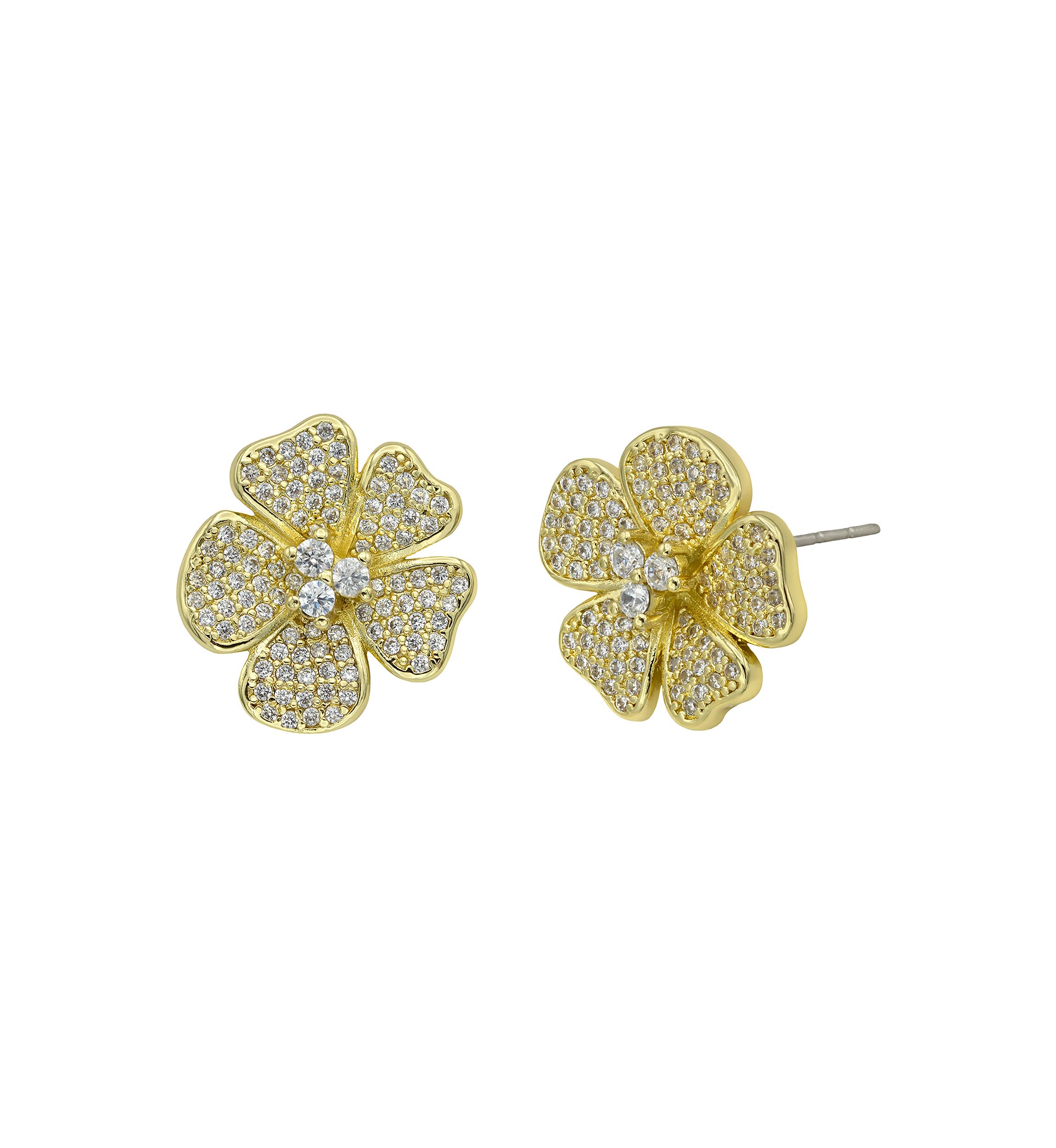 Lab Grown Gold Tone Pavé Cubic Zirconia Flower Earrings