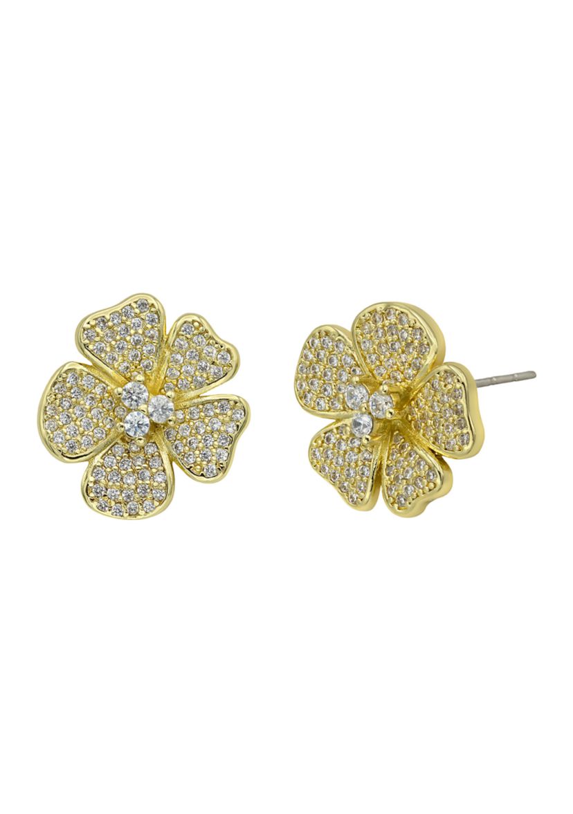 Lab Grown Gold Tone Pavé Cubic Zirconia Flower Earrings