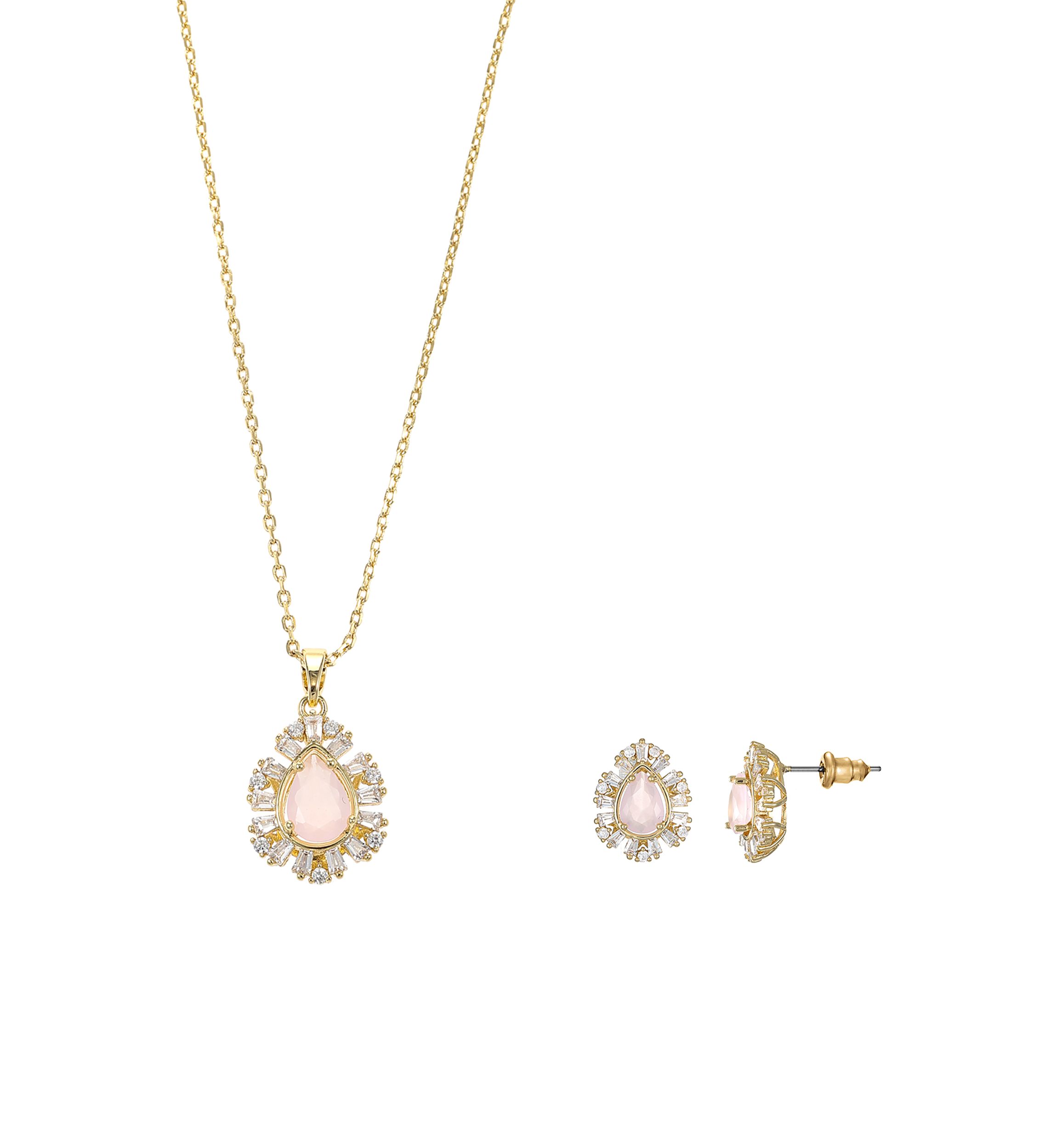 Lab Grown Gold Tone Rose Crystal Teardrop and Cubic Zirconia Halo Necklace and Earring Set