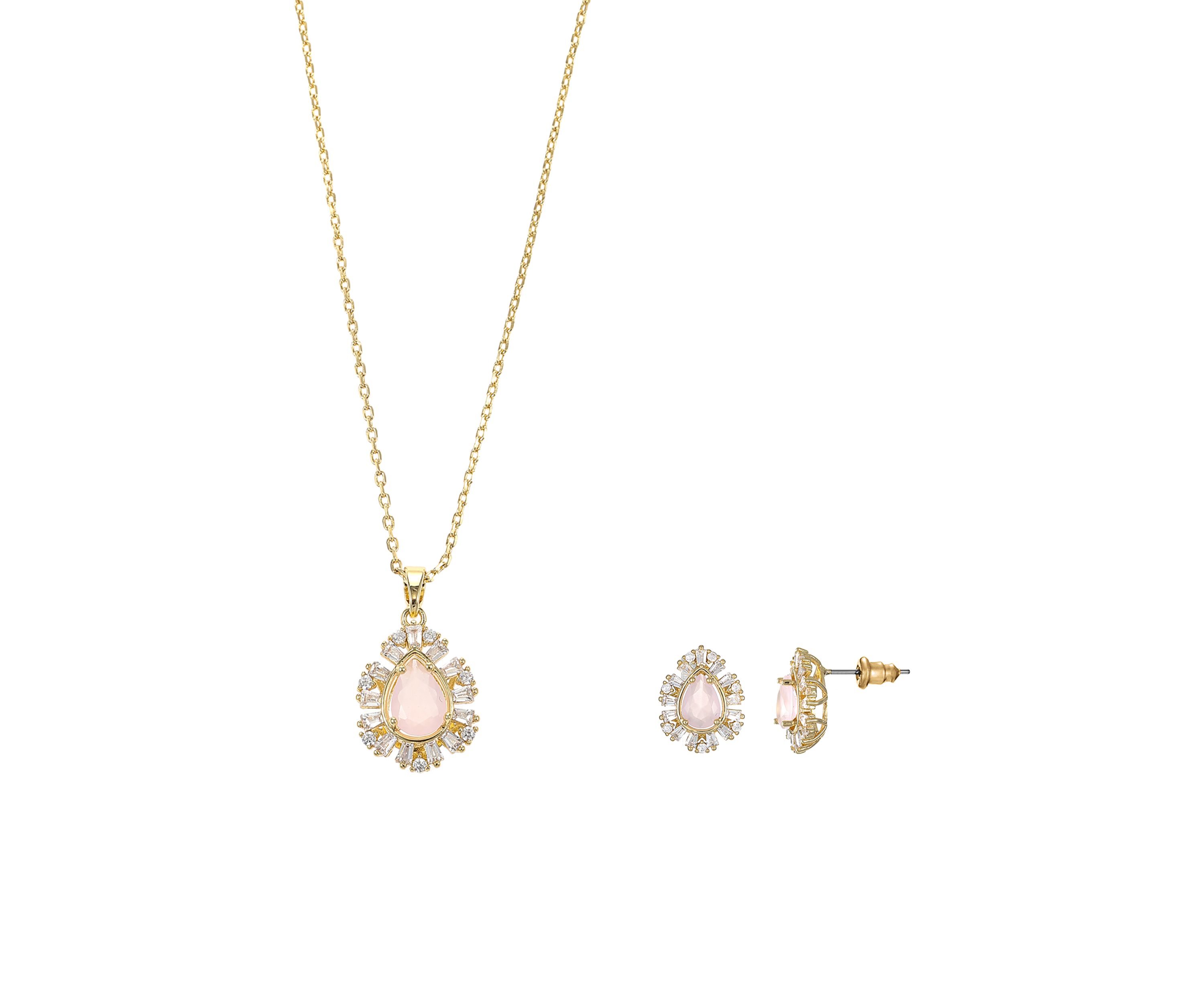Lab Grown Gold Tone Rose Crystal Teardrop and Cubic Zirconia Halo Necklace and Earring Set