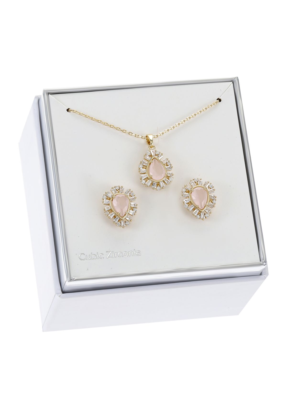 Lab Grown Gold Tone Rose Crystal Teardrop and Cubic Zirconia Halo Necklace and Earring Set