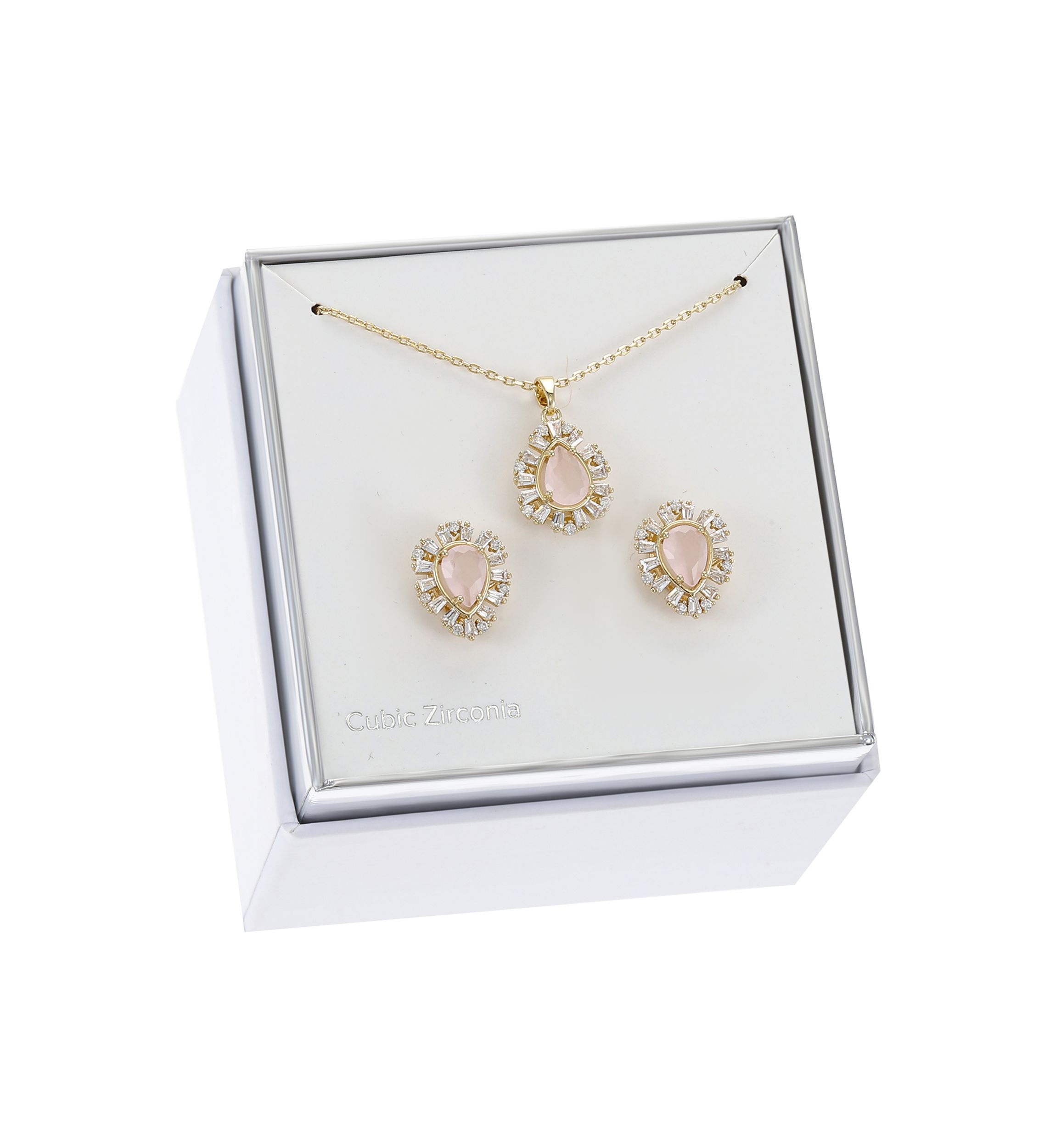 Lab Grown Gold Tone Rose Crystal Teardrop and Cubic Zirconia Halo Necklace and Earring Set