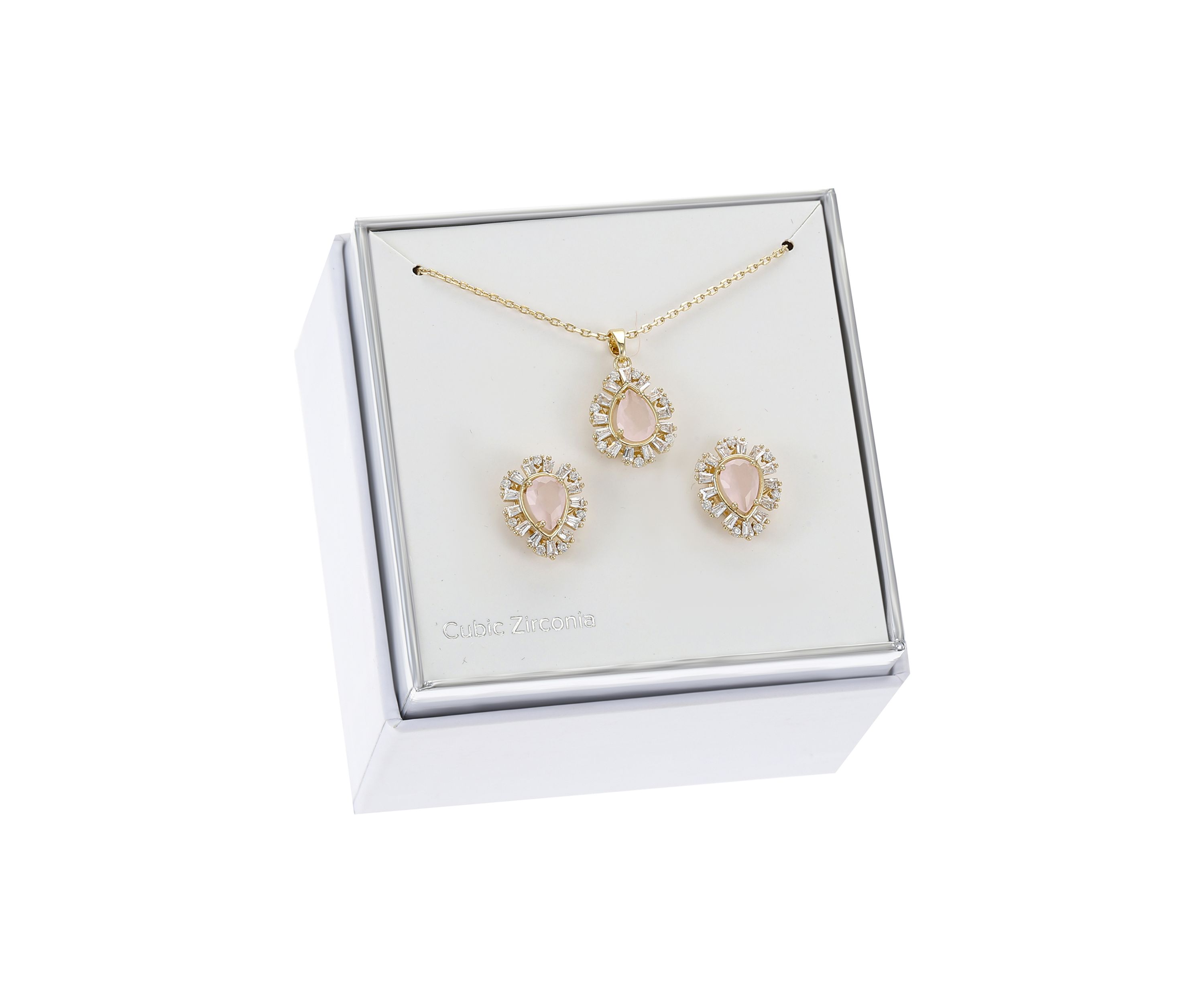 Lab Grown Gold Tone Rose Crystal Teardrop and Cubic Zirconia Halo Necklace and Earring Set