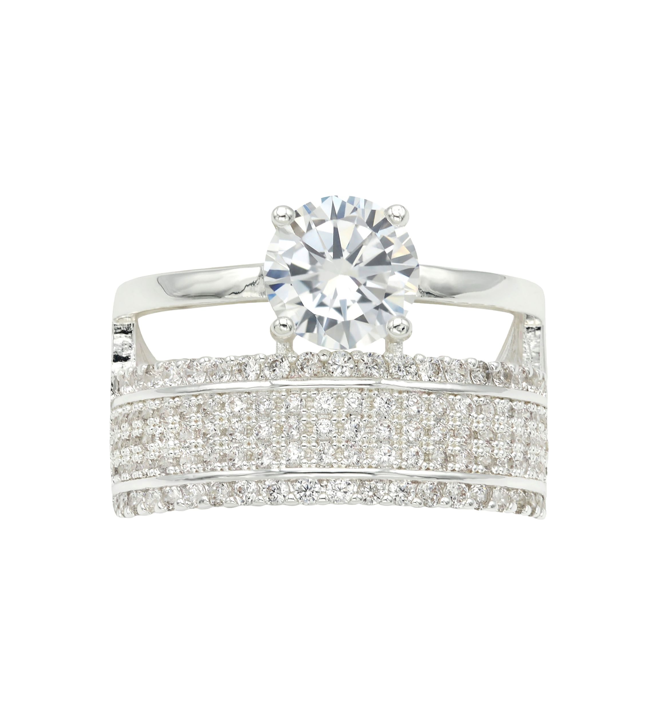 Lab Grown Silver Tone Round Cubic Zirconia Solitaire and Pavé Multi Row Band Ring