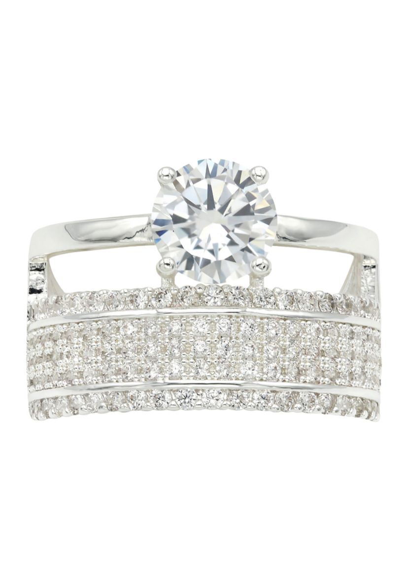 Lab Grown Silver Tone Round Cubic Zirconia Solitaire and Pavé Multi Row Band Ring