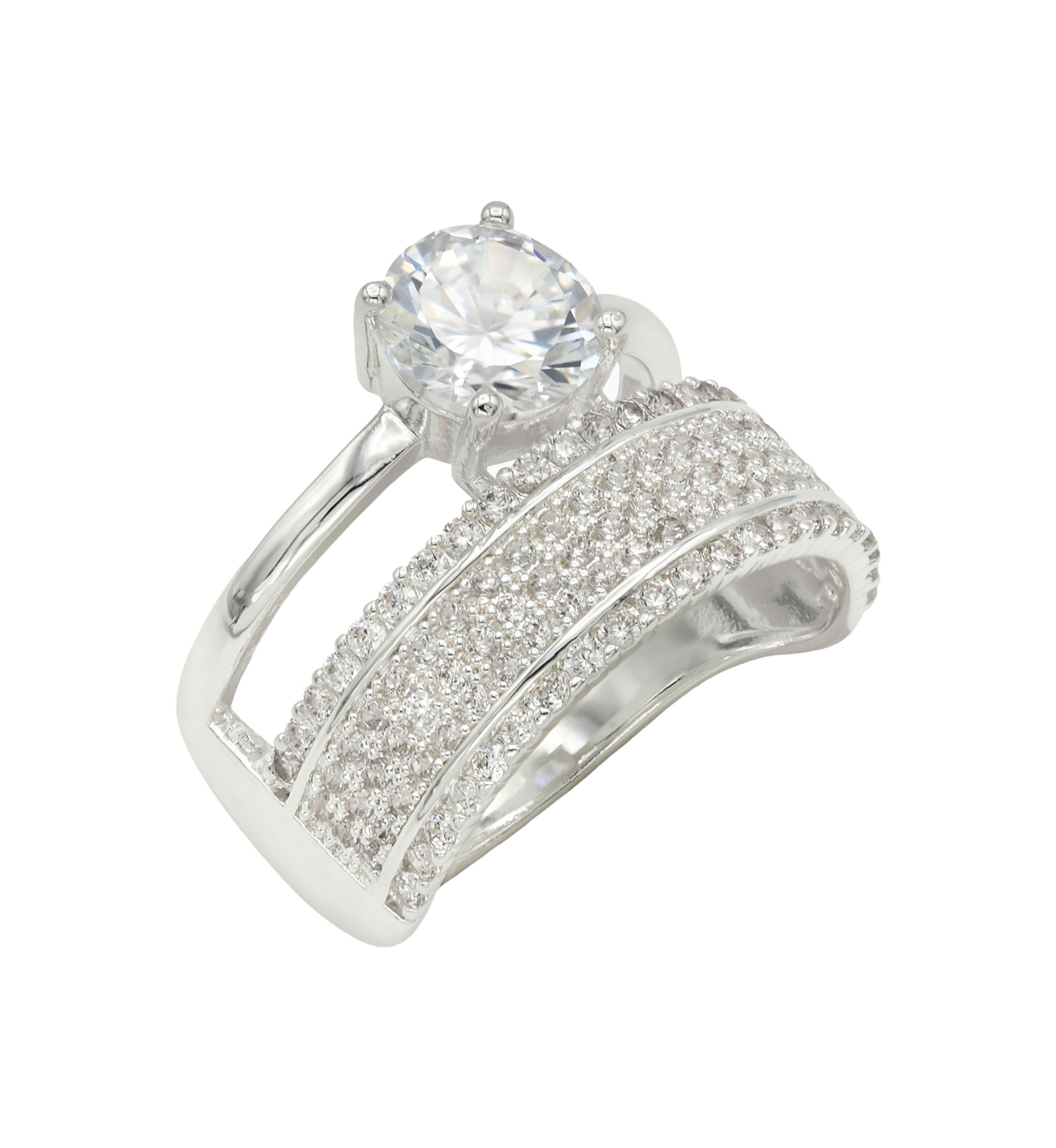 Lab Grown Silver Tone Round Cubic Zirconia Solitaire and Pavé Multi Row Band Ring