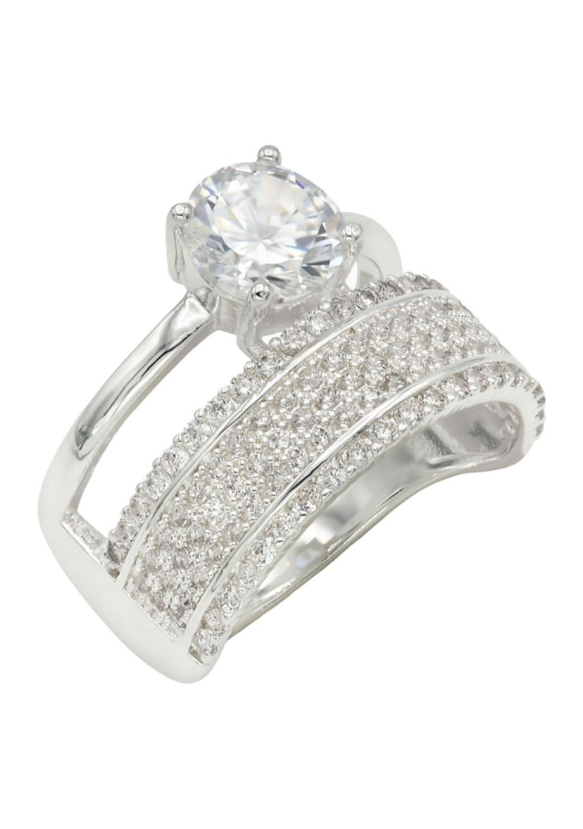 Lab Grown Silver Tone Round Cubic Zirconia Solitaire and Pavé Multi Row Band Ring