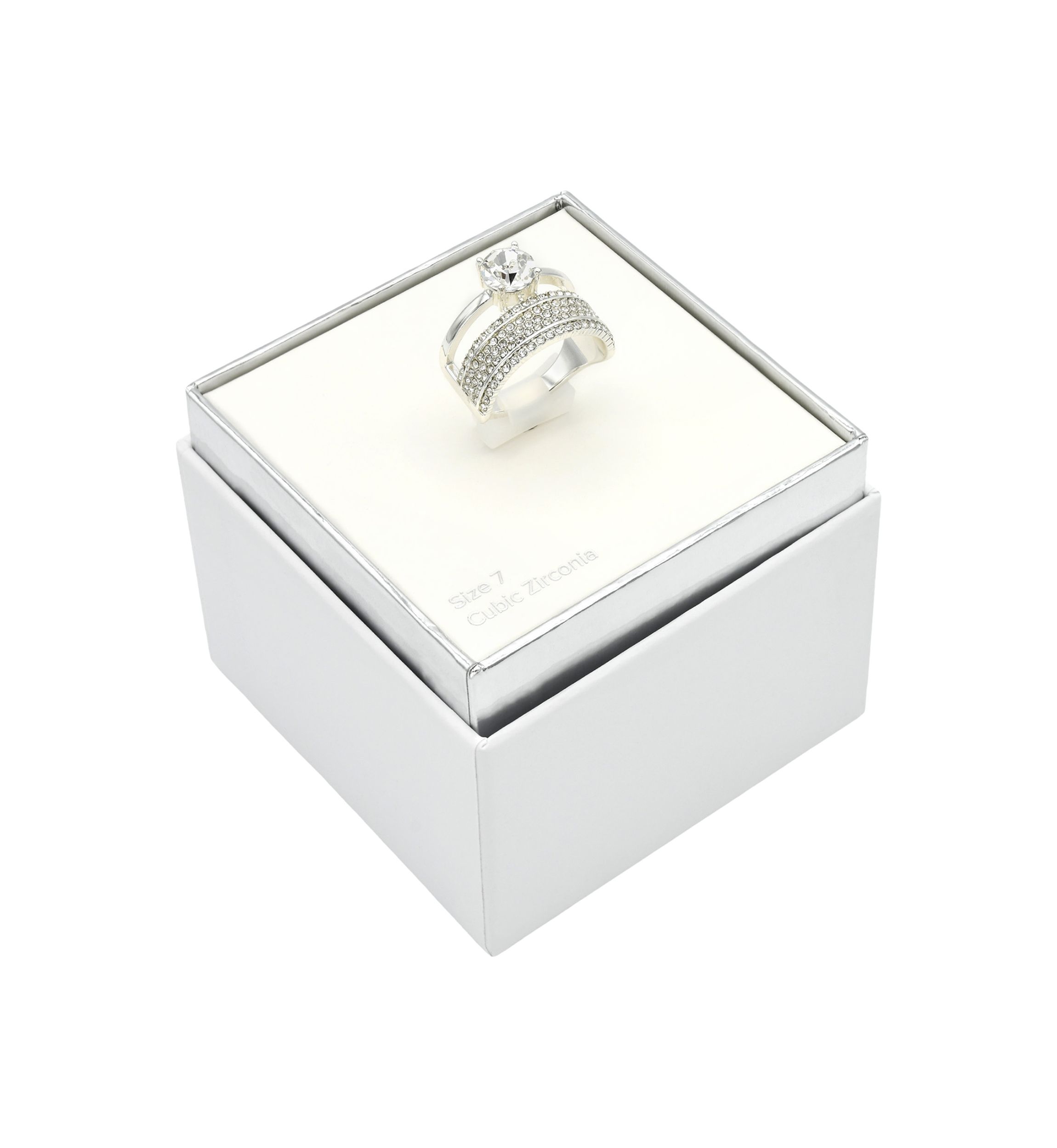 Lab Grown Silver Tone Round Cubic Zirconia Solitaire and Pavé Multi Row Band Ring