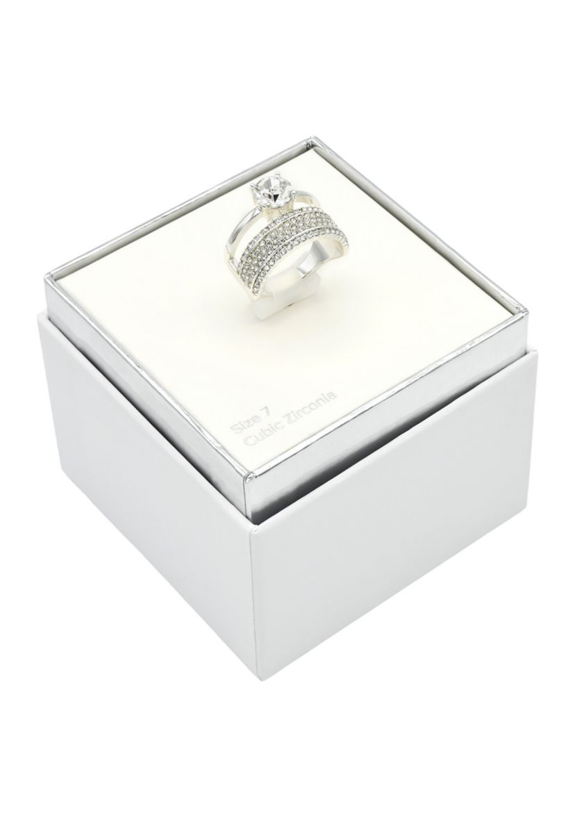 Lab Grown Silver Tone Round Cubic Zirconia Solitaire and Pavé Multi Row Band Ring