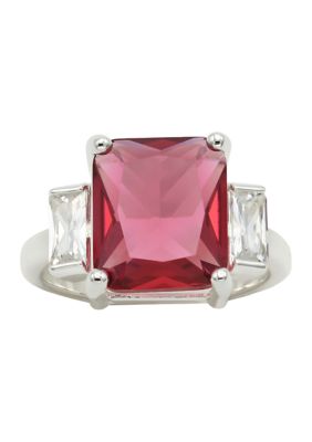 evie & emma Lab Grown Silver Tone Emerald Fuchsia Crystal with Clear Cubic Zirconia Baguette Ring