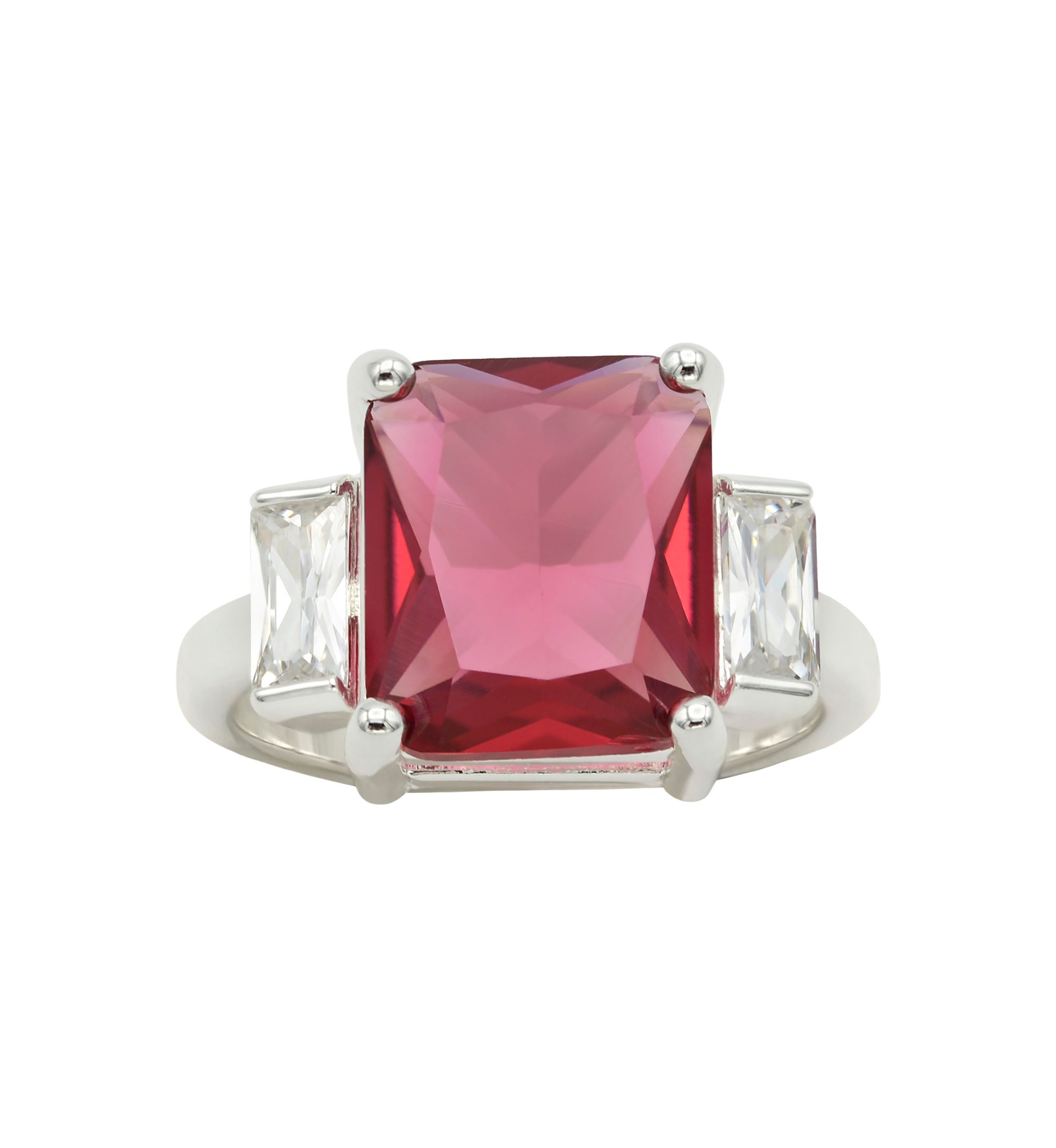 Lab Grown Silver Tone Emerald Fuchsia Crystal with Clear Cubic Zirconia Baguette Ring