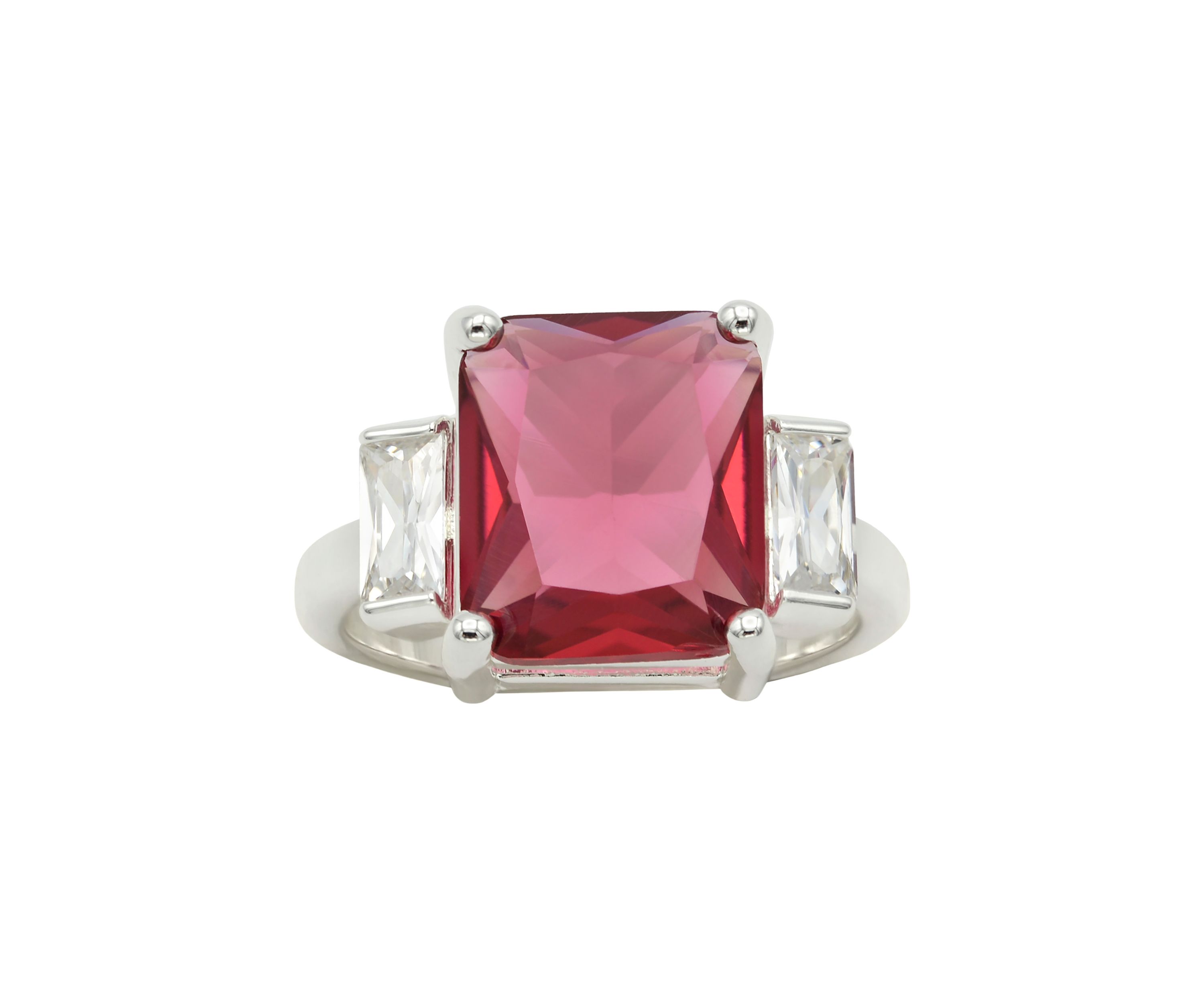 Lab Grown Silver Tone Emerald Fuchsia Crystal with Clear Cubic Zirconia Baguette Ring