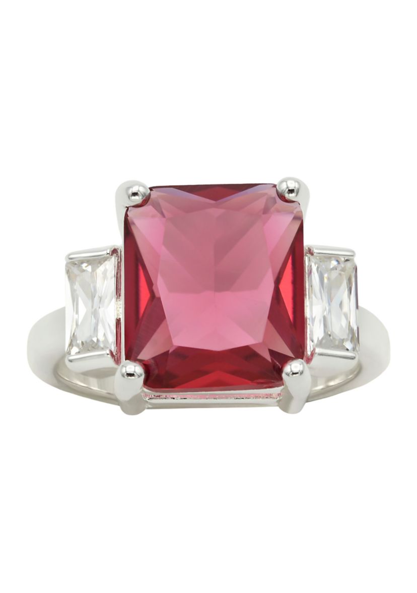 Lab Grown Silver Tone Emerald Fuchsia Crystal with Clear Cubic Zirconia Baguette Ring