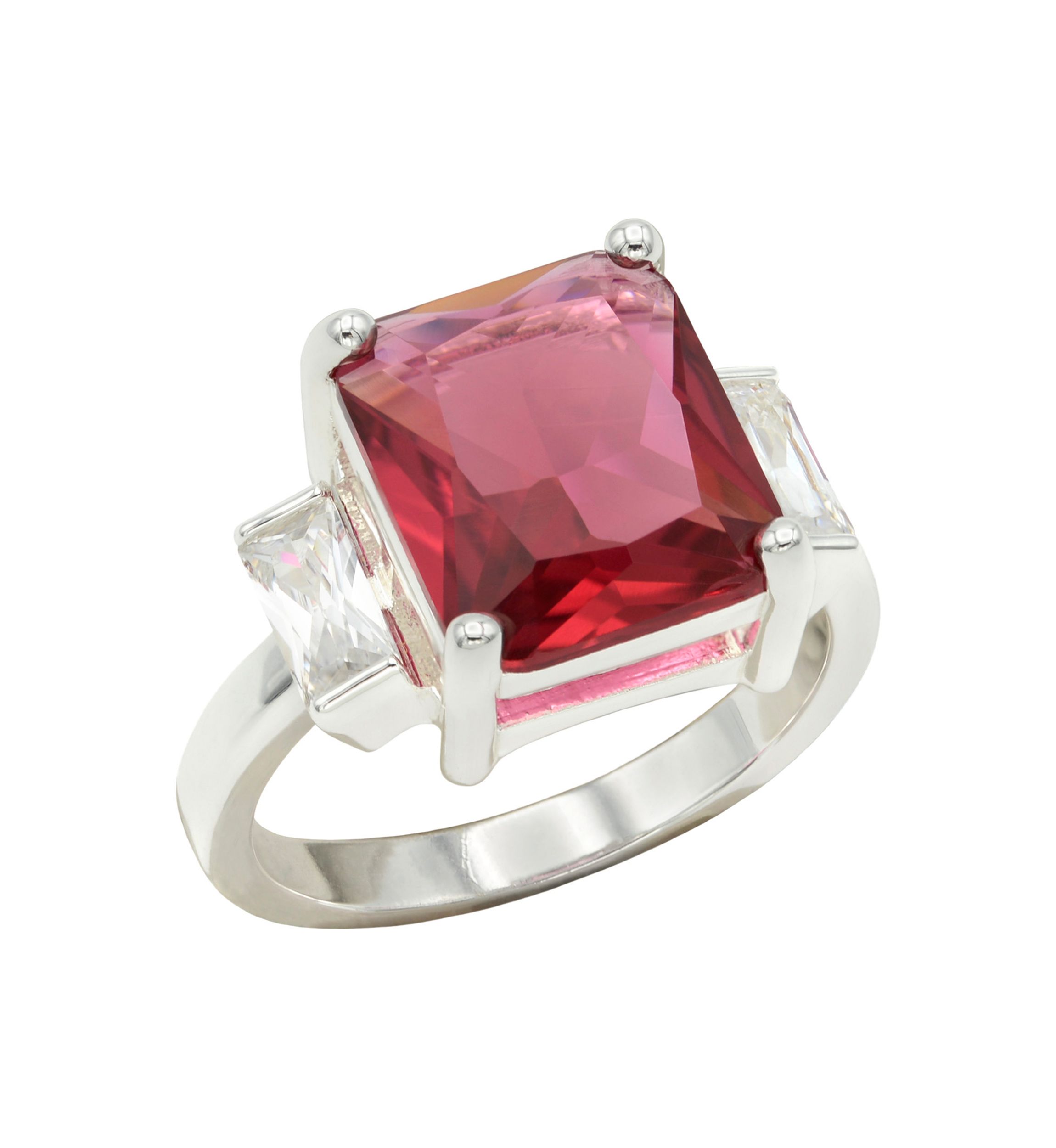 Lab Grown Silver Tone Emerald Fuchsia Crystal with Clear Cubic Zirconia Baguette Ring