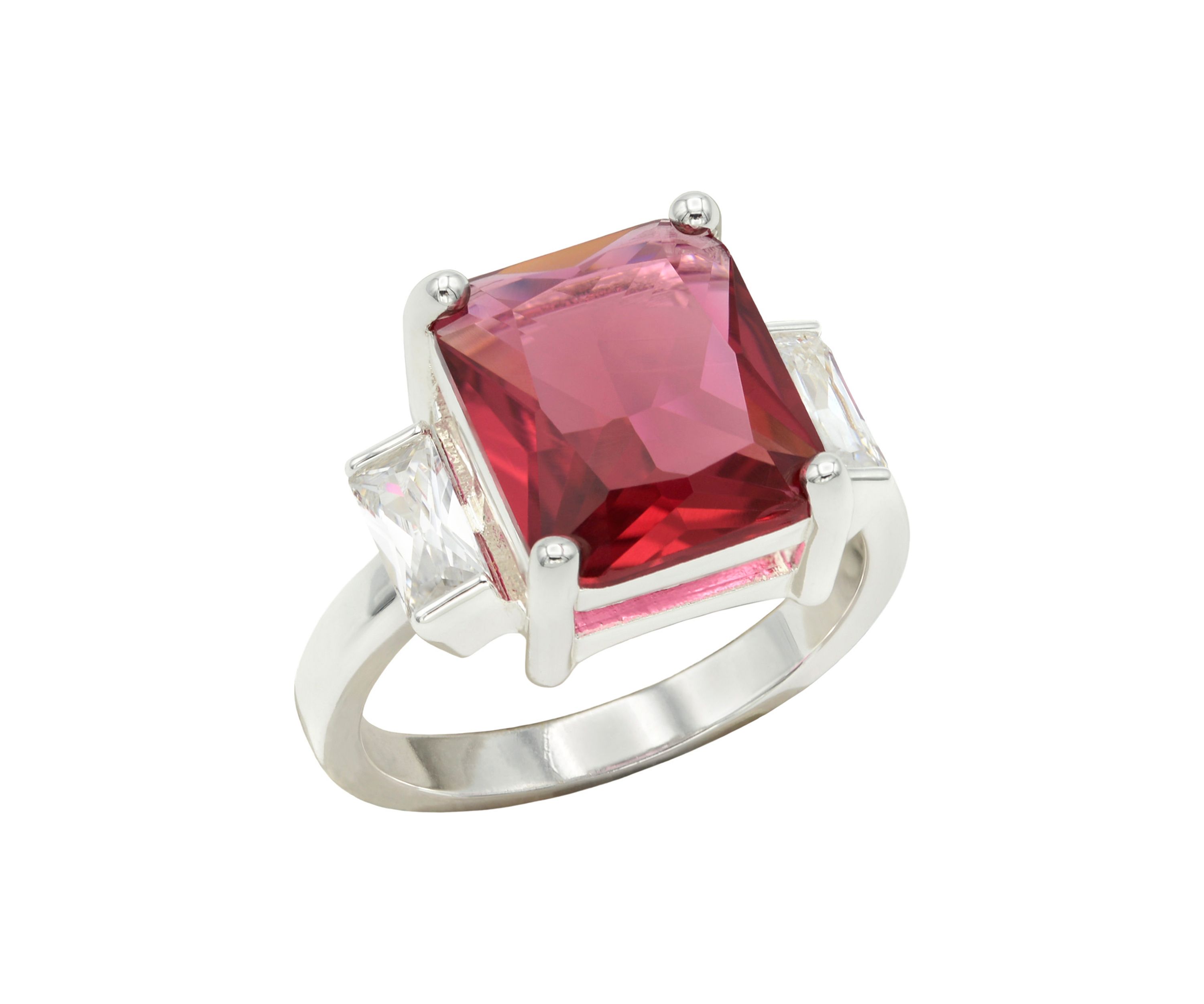 Lab Grown Silver Tone Emerald Fuchsia Crystal with Clear Cubic Zirconia Baguette Ring