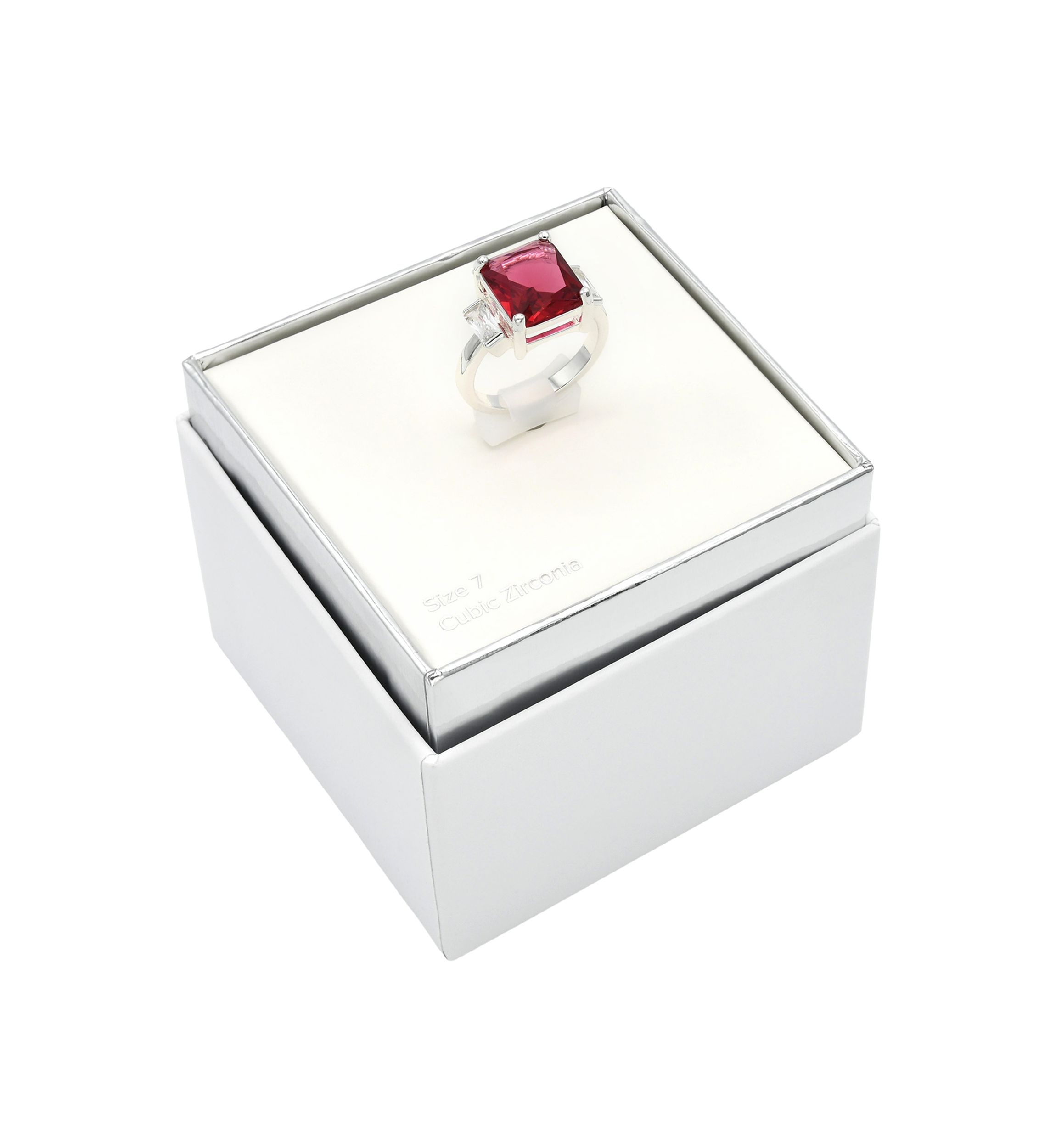 Lab Grown Silver Tone Emerald Fuchsia Crystal with Clear Cubic Zirconia Baguette Ring