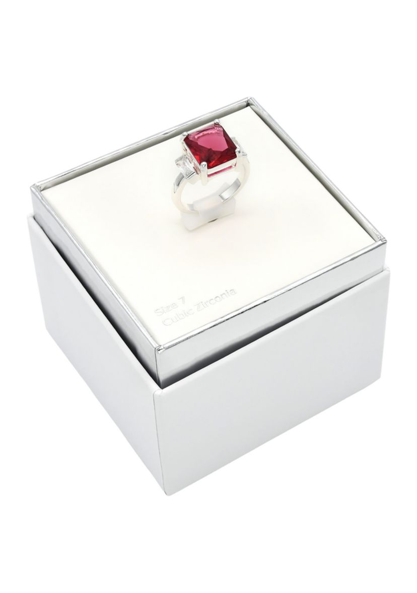 Lab Grown Silver Tone Emerald Fuchsia Crystal with Clear Cubic Zirconia Baguette Ring