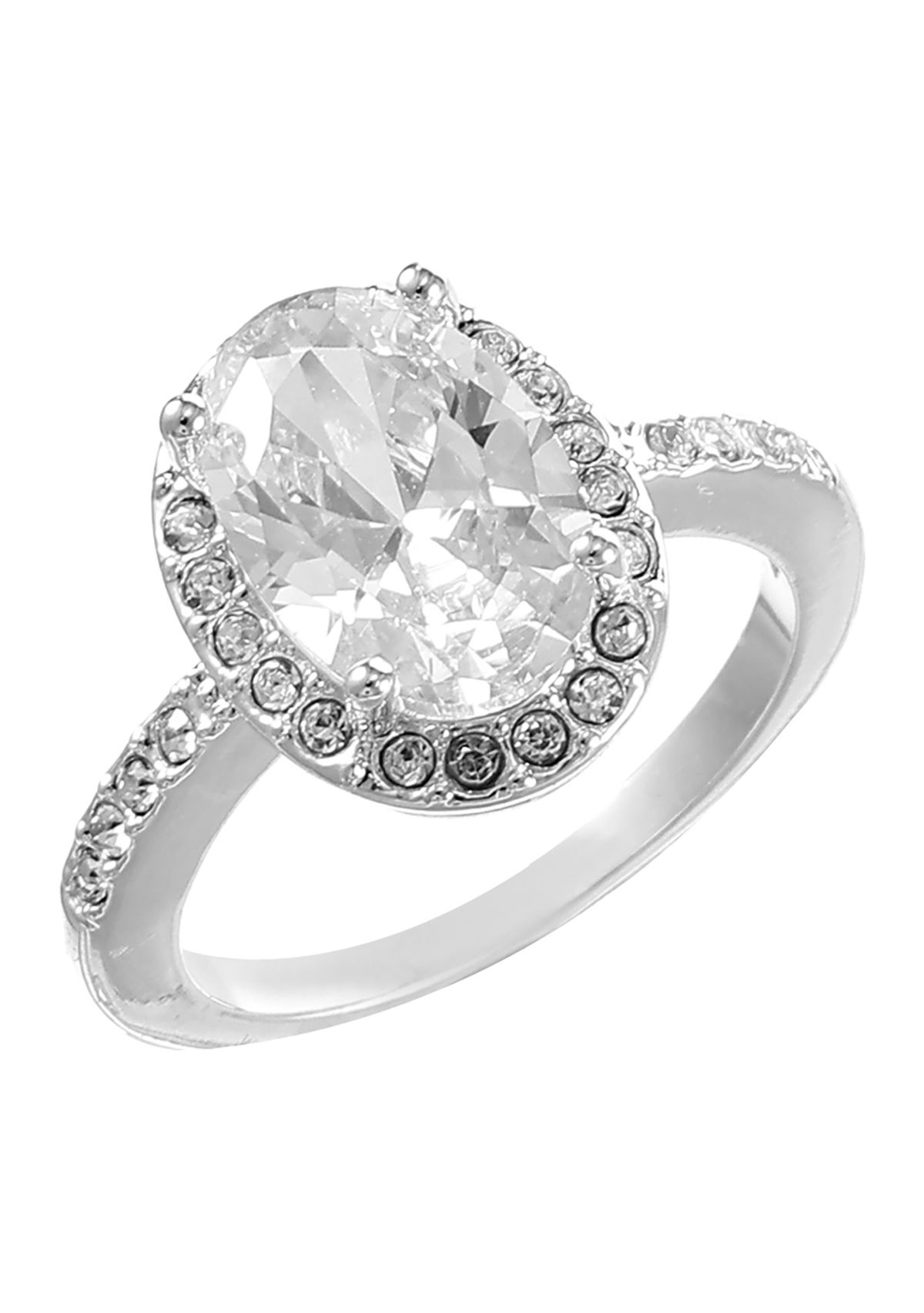 Lab Grown Silver Tone Clear CZ Oval with Pave Halo Ring