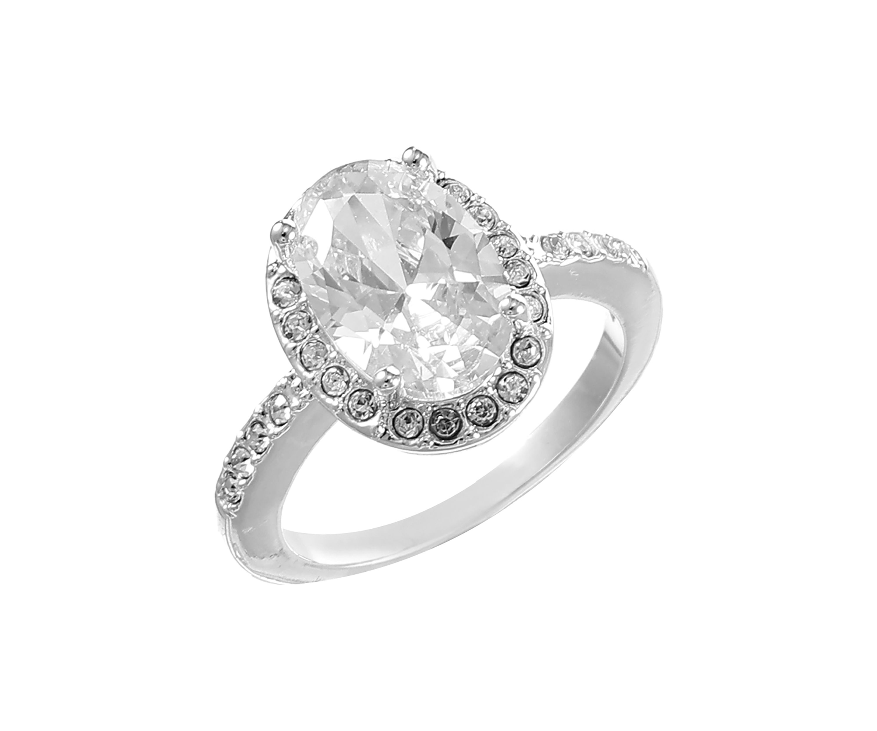Lab Grown Silver Tone Clear CZ Oval with Pave Halo Ring