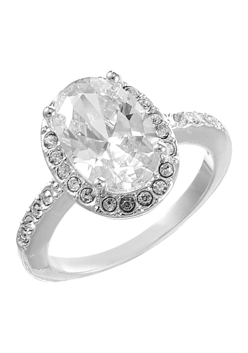 Lab Grown Silver Tone Clear CZ Oval with Pave Halo Ring