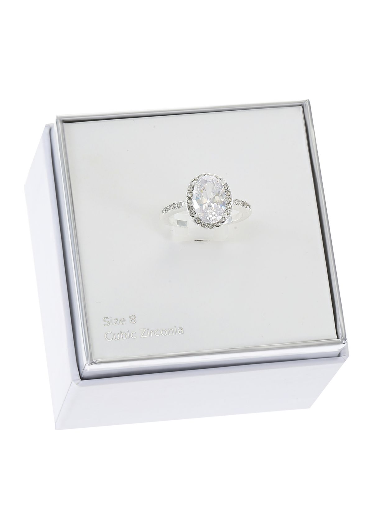 Lab Grown Silver Tone Clear CZ Oval with Pave Halo Ring