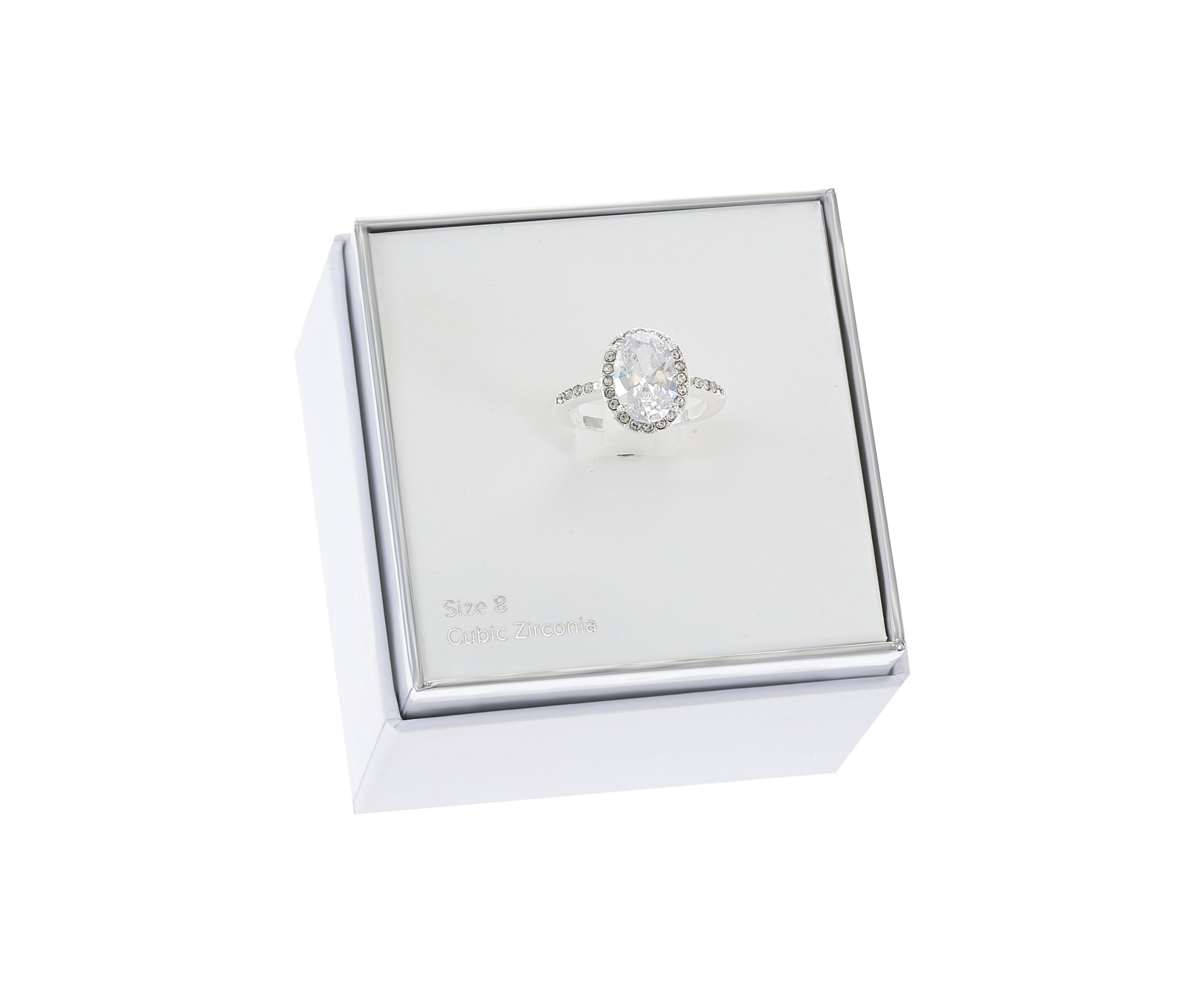 Lab Grown Silver Tone Clear CZ Oval with Pave Halo Ring