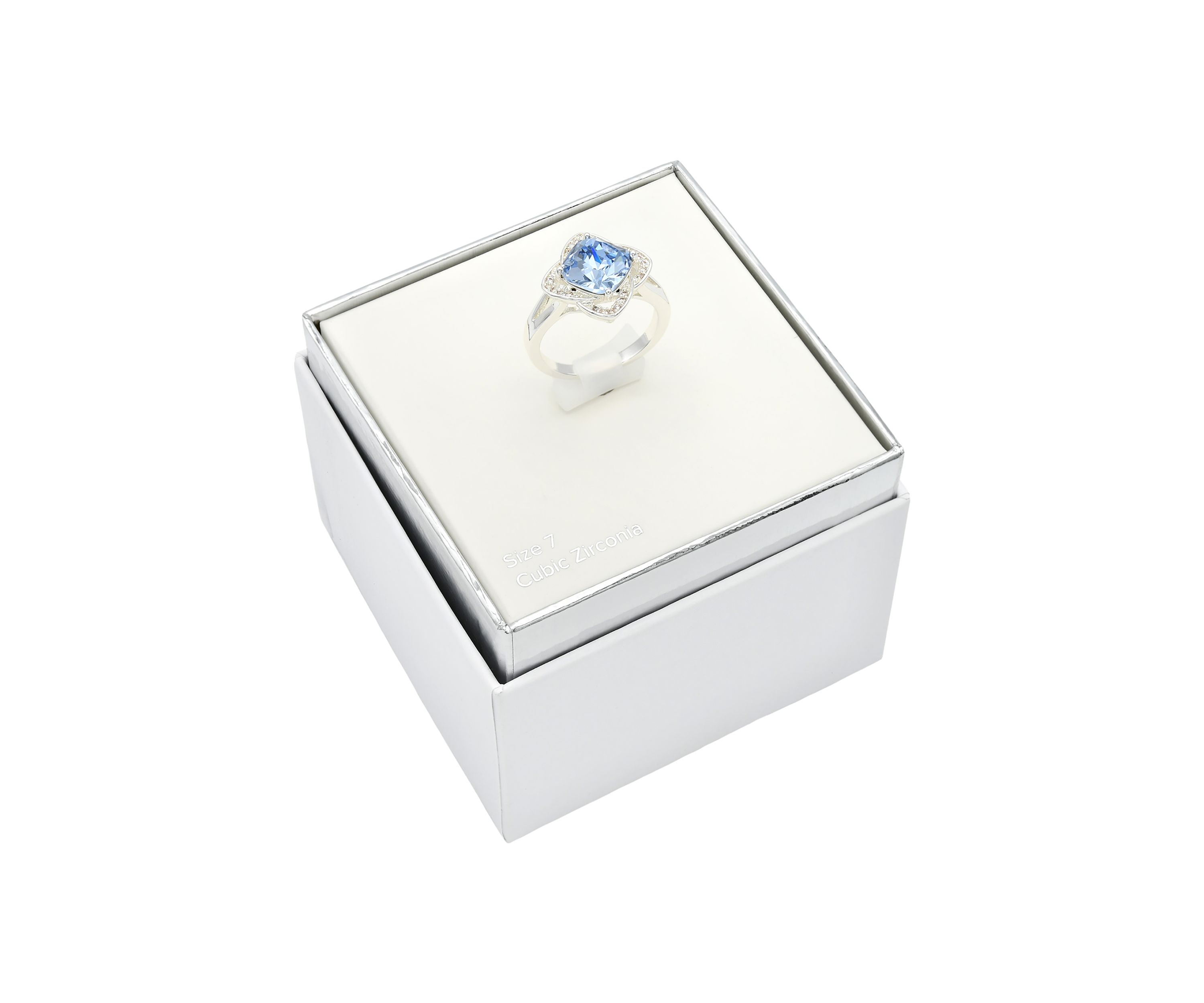Lab Grown Silver Tone Sapphire Crystal with Pavé Cubic Zirconia Scallop Halo Ring