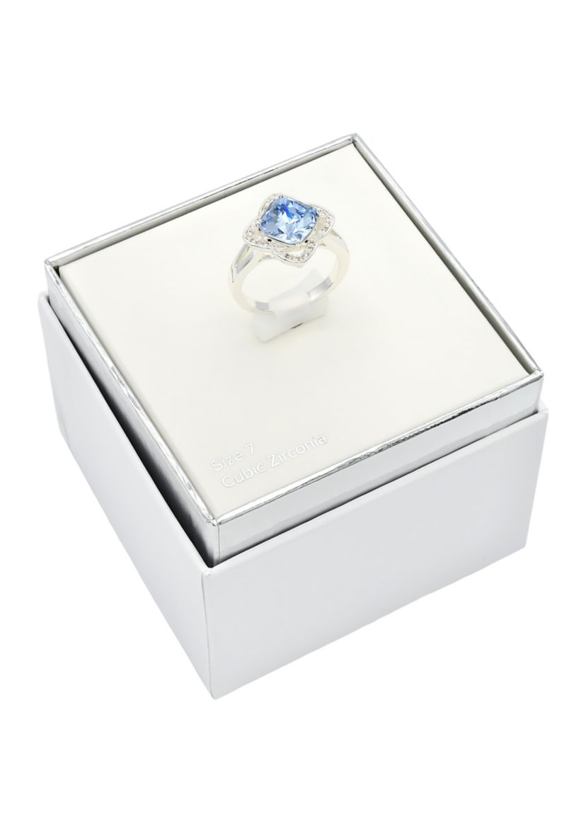 Lab Grown Silver Tone Sapphire Crystal with Pavé Cubic Zirconia Scallop Halo Ring
