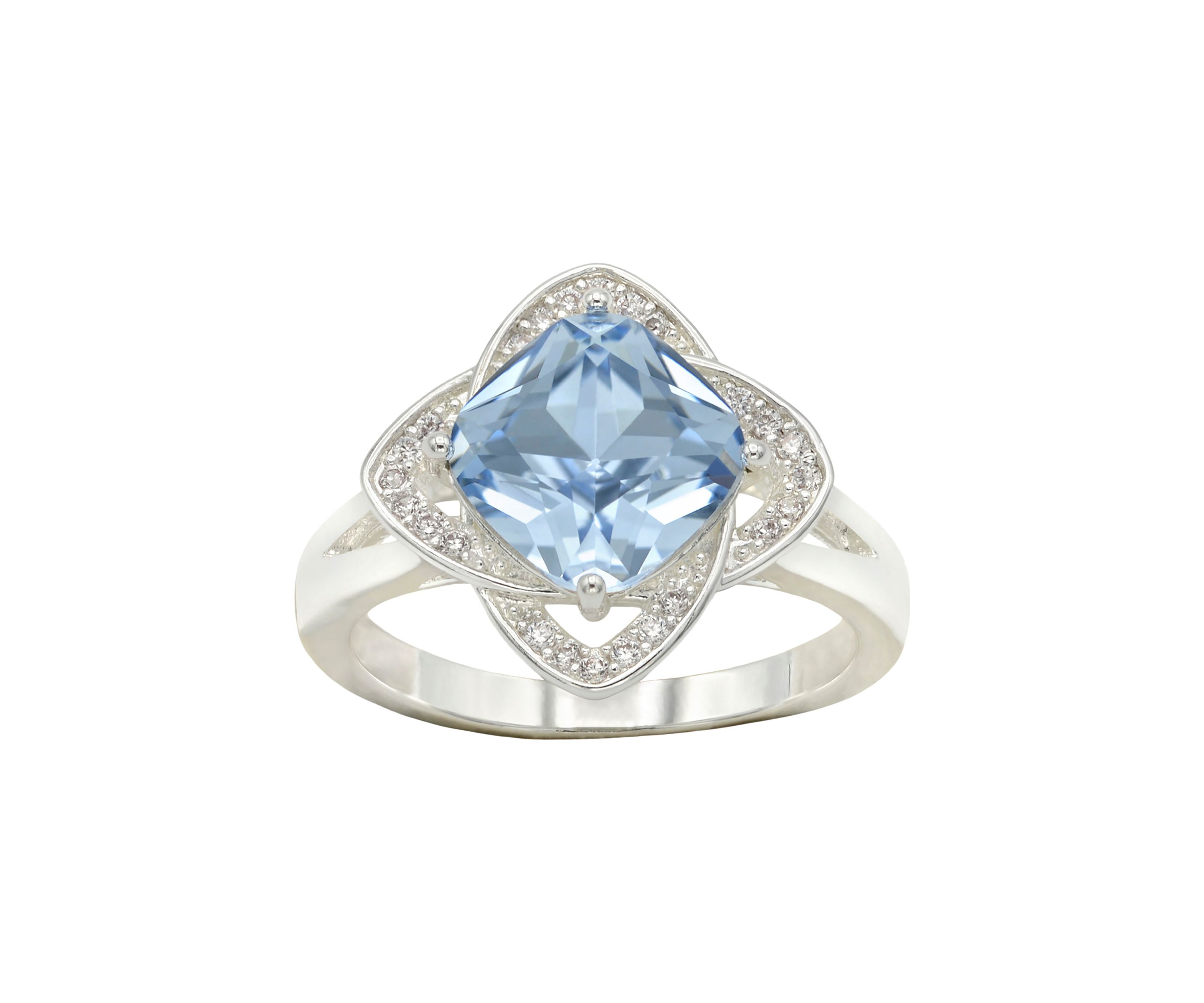 Lab Grown Silver Tone Sapphire Crystal with Pavé Cubic Zirconia Scallop Halo Ring