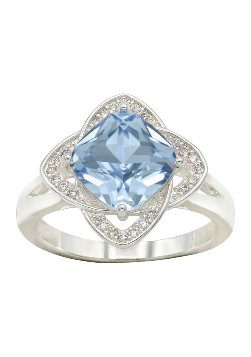 Lab Grown Silver Tone Sapphire Crystal with Pavé Cubic Zirconia Scallop Halo Ring