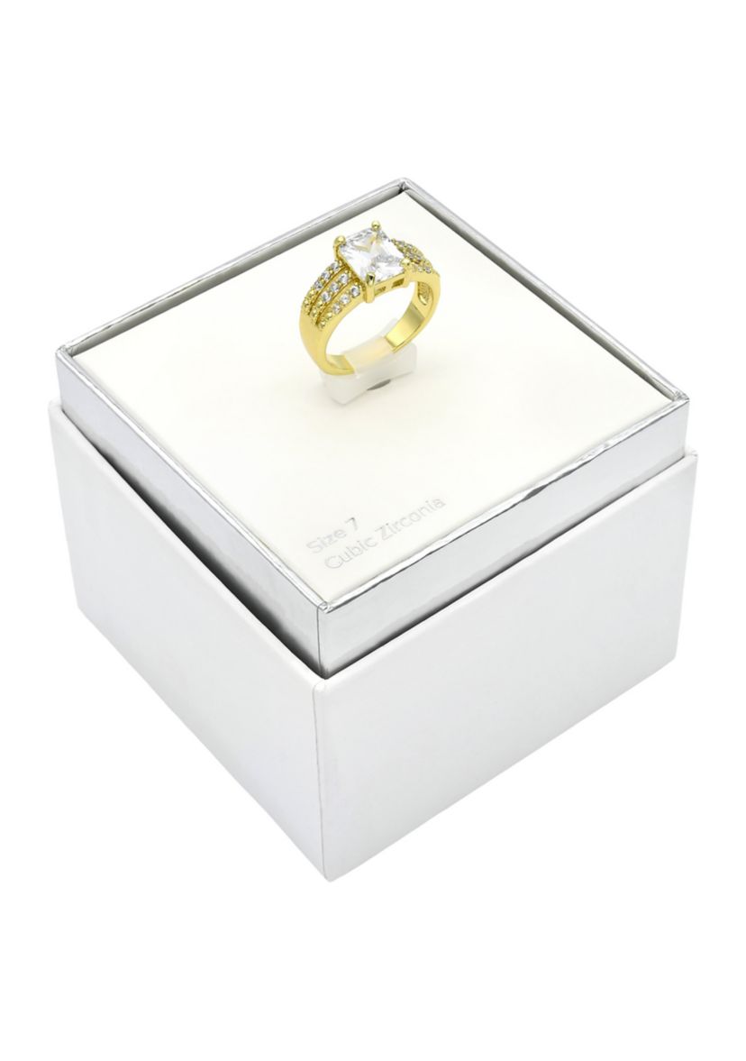 Lab Grown Gold Tone Emerald with Pavé Cubic Zirconia Triple Open Band Ring