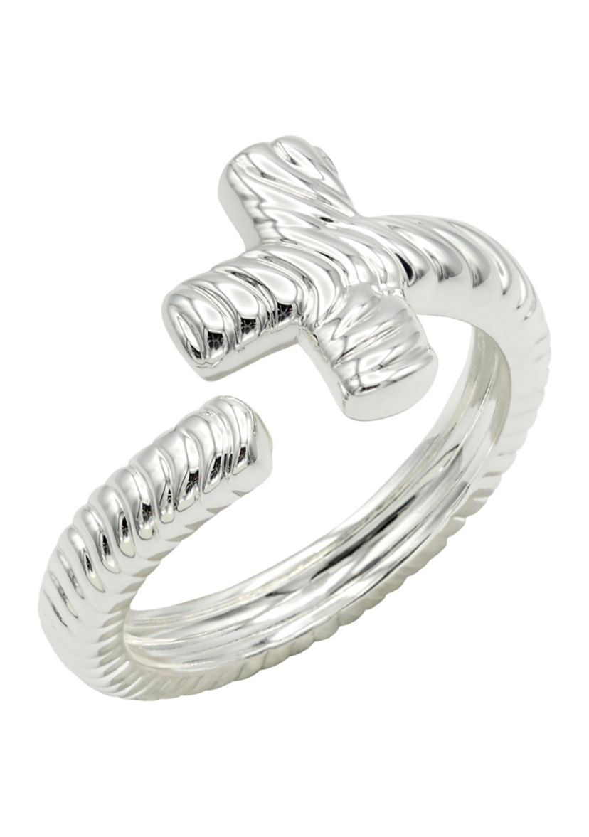 Silver Tone Textured Cross Wrap Ring