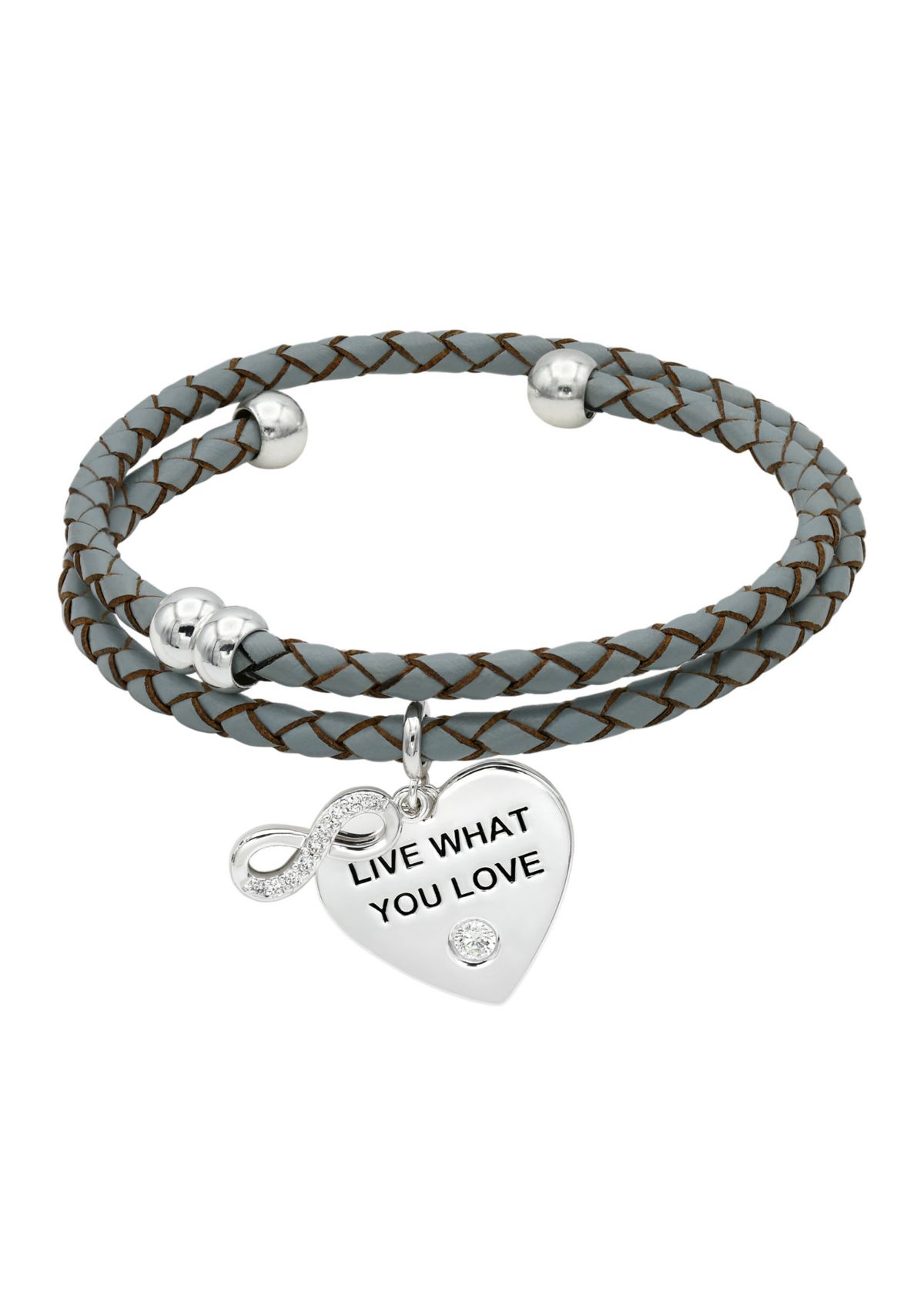 Silver Tone Leather Coil with Lab Grown Cubic Zirconia Music Note and Heart Charms Bracelet