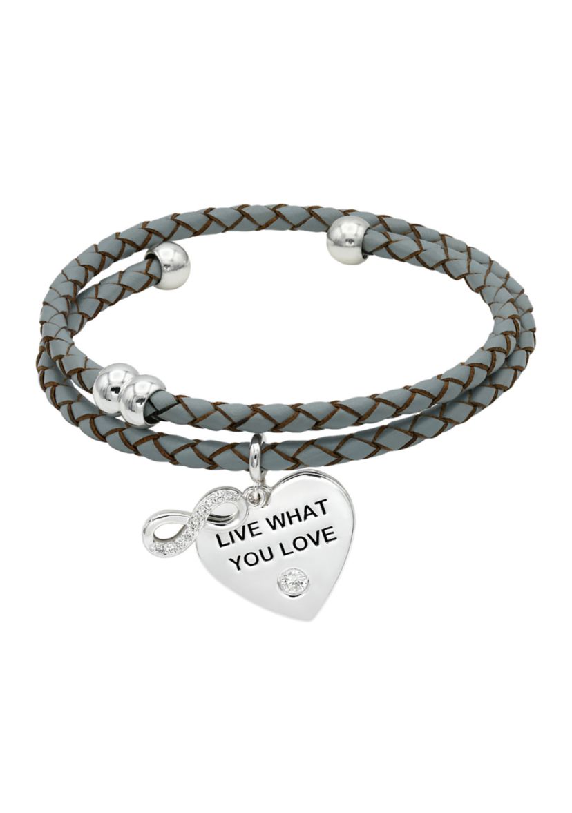 Silver Tone Leather Coil with Lab Grown Cubic Zirconia Music Note and Heart Charms Bracelet