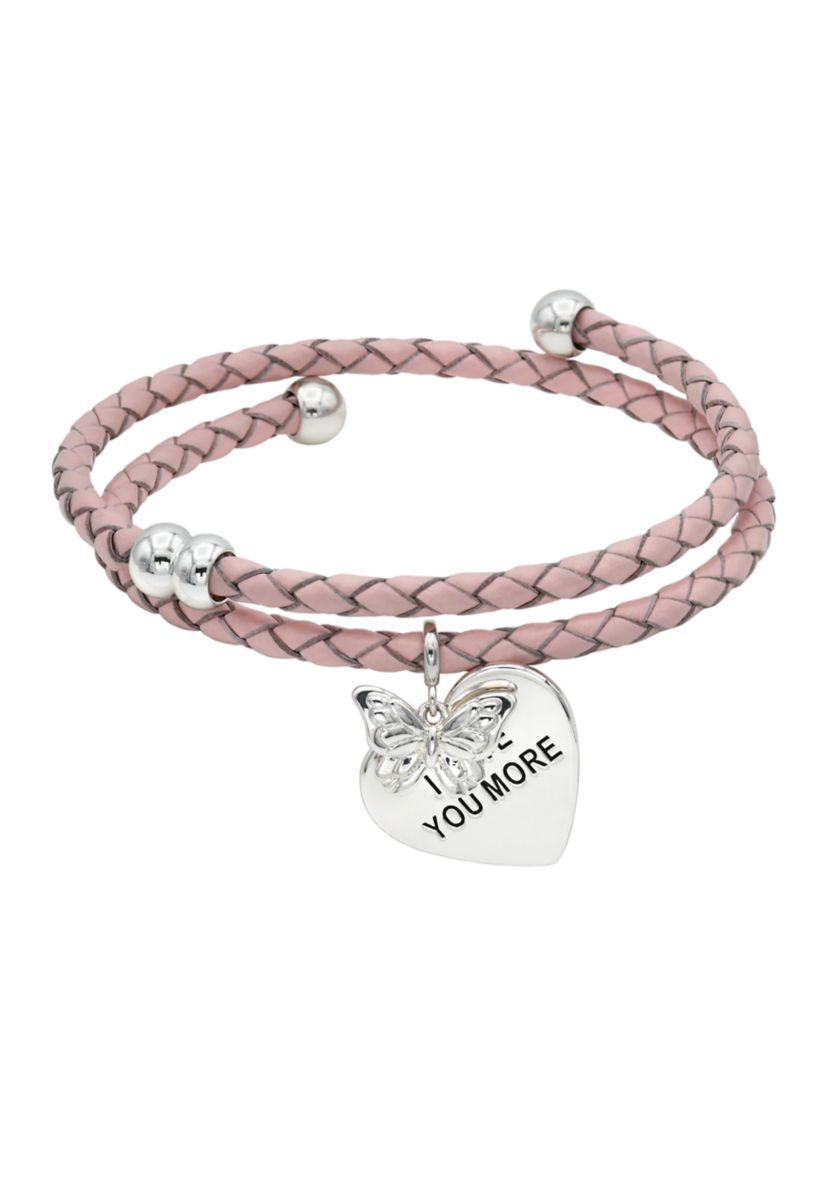 Silver Tone Pink Leather Coil with Lab Grown Cubic Zirconia Butterfly Charm Bracelet
