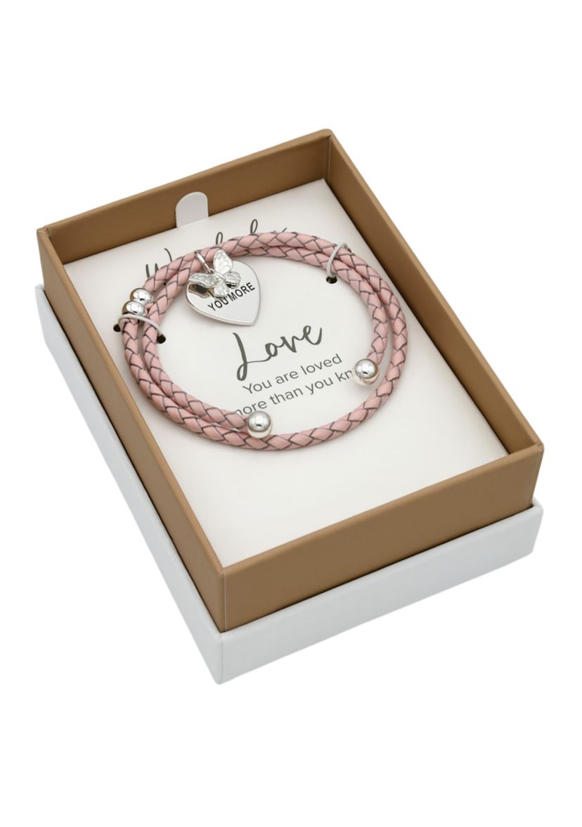 Silver Tone Pink Leather Coil with Lab Grown Cubic Zirconia Butterfly Charm Bracelet