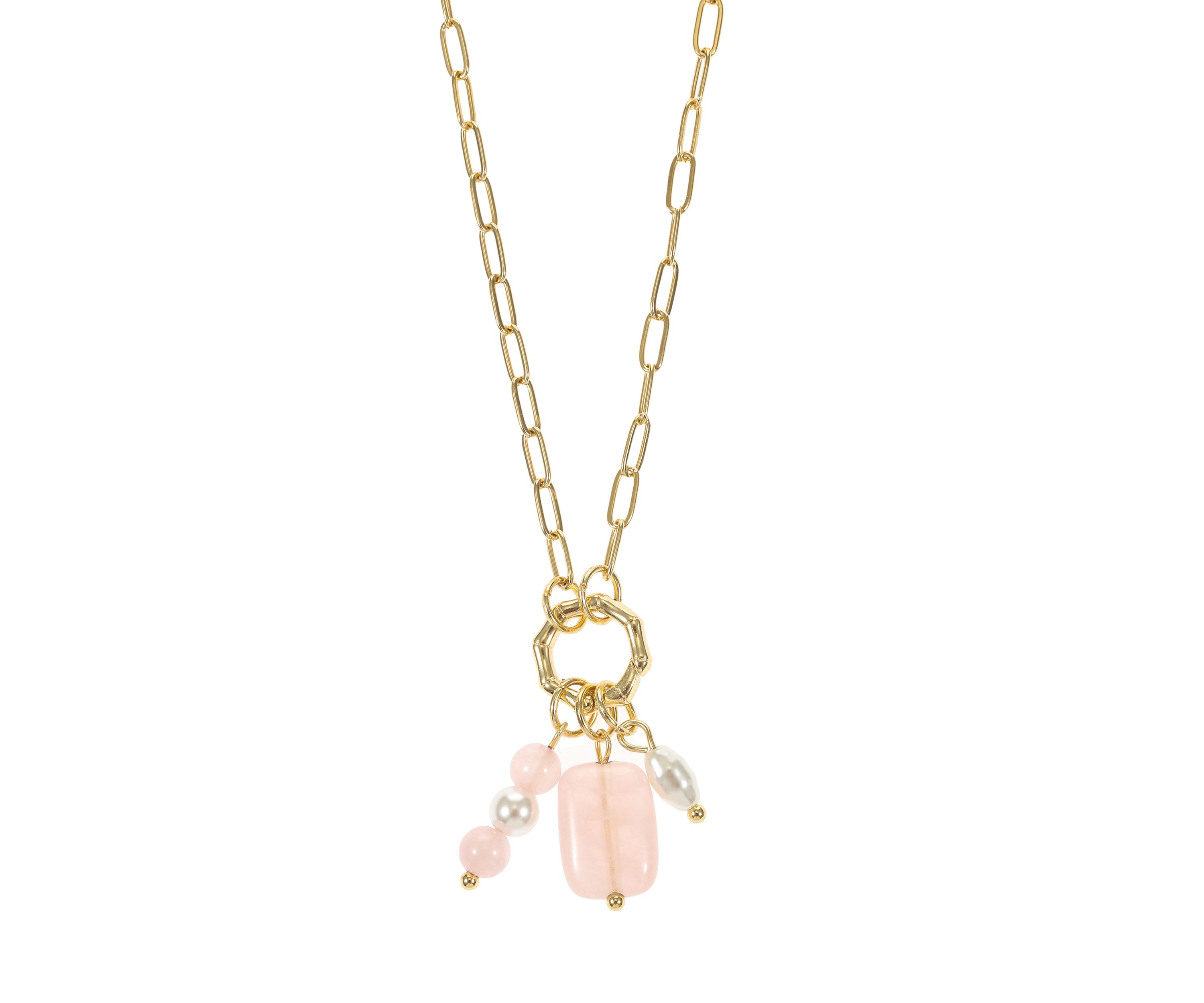 Lab Grown Gold Tone Paperclip Chain with Rose Quartz and Pearl Charms Necklace