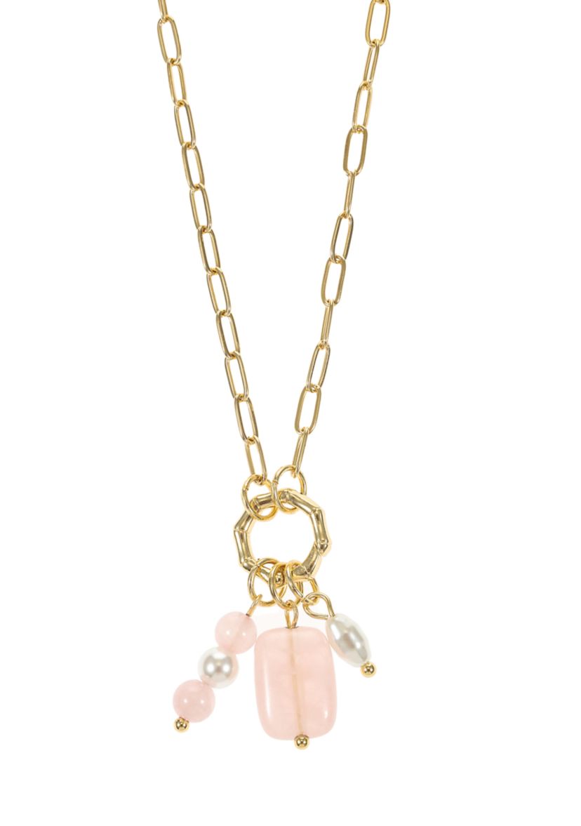 Lab Grown Gold Tone Paperclip Chain with Rose Quartz and Pearl Charms Necklace