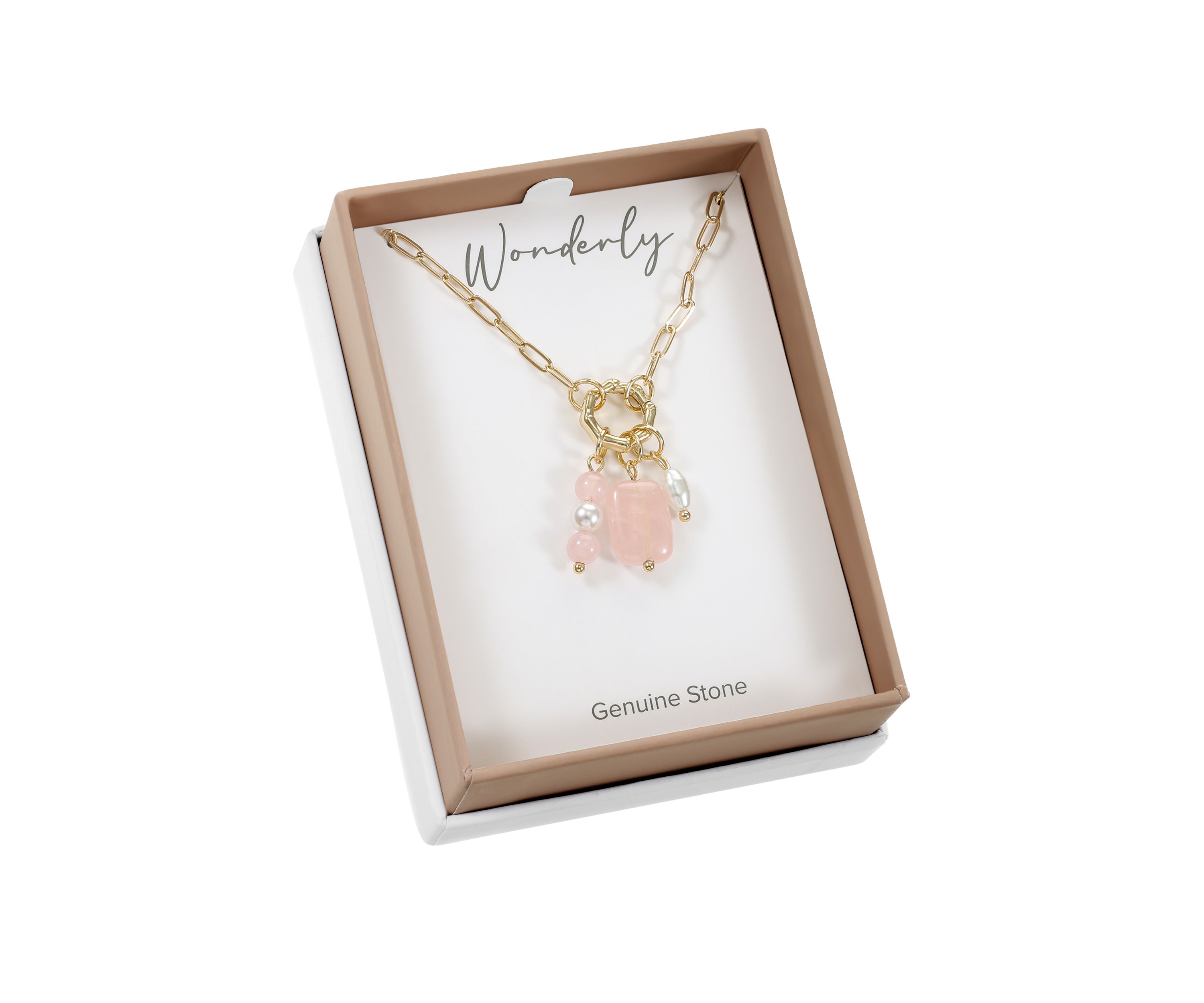 Lab Grown Gold Tone Paperclip Chain with Rose Quartz and Pearl Charms Necklace